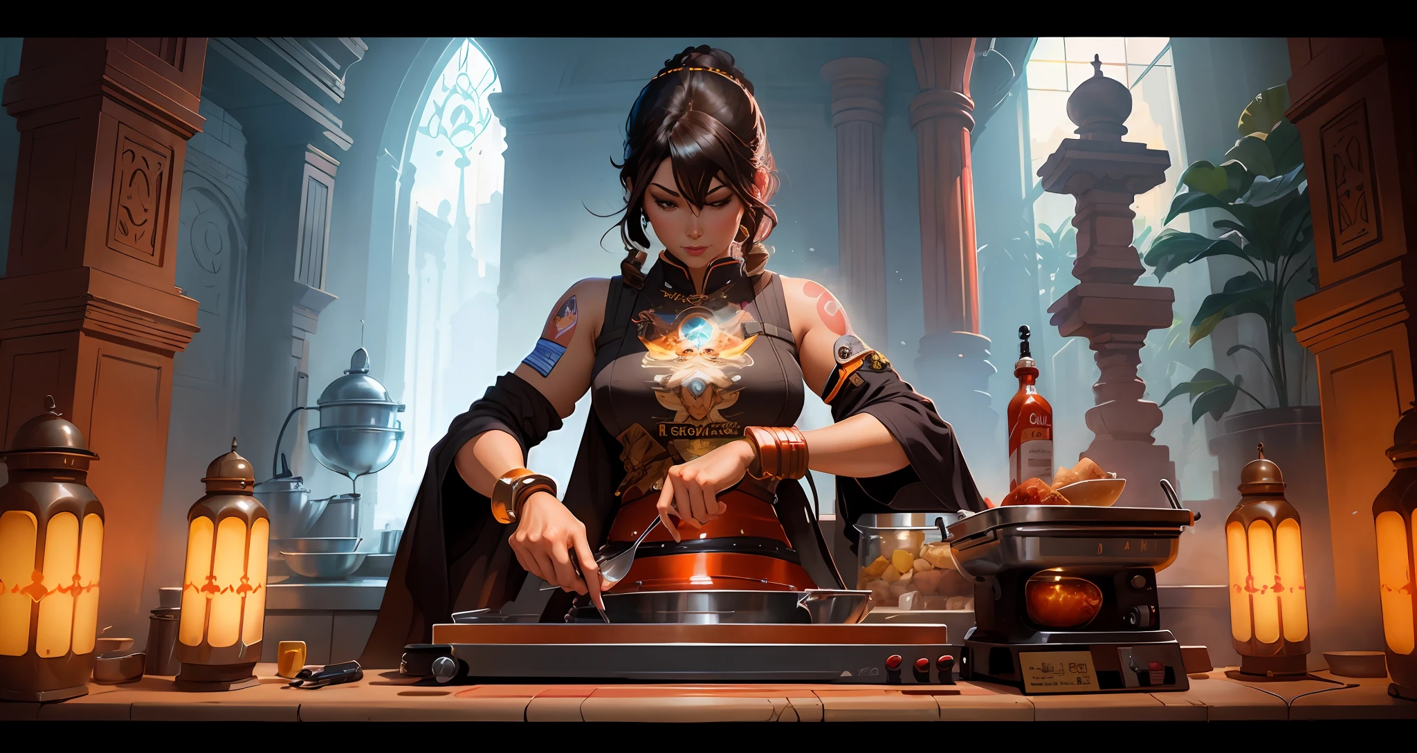 Hay una mujer disfrazada cocinando comida en una estufa, Artgerm Julie Bell Beeple, Arte WLOP, WLOP y Artgerm, Artgerm y WLOP, Arte conceptual de Kaladesh. mechanic, WLOP | Artgerm, Mohrapbacher, WLOP y ROSS Tran, Artgerm y Atey Ghailan