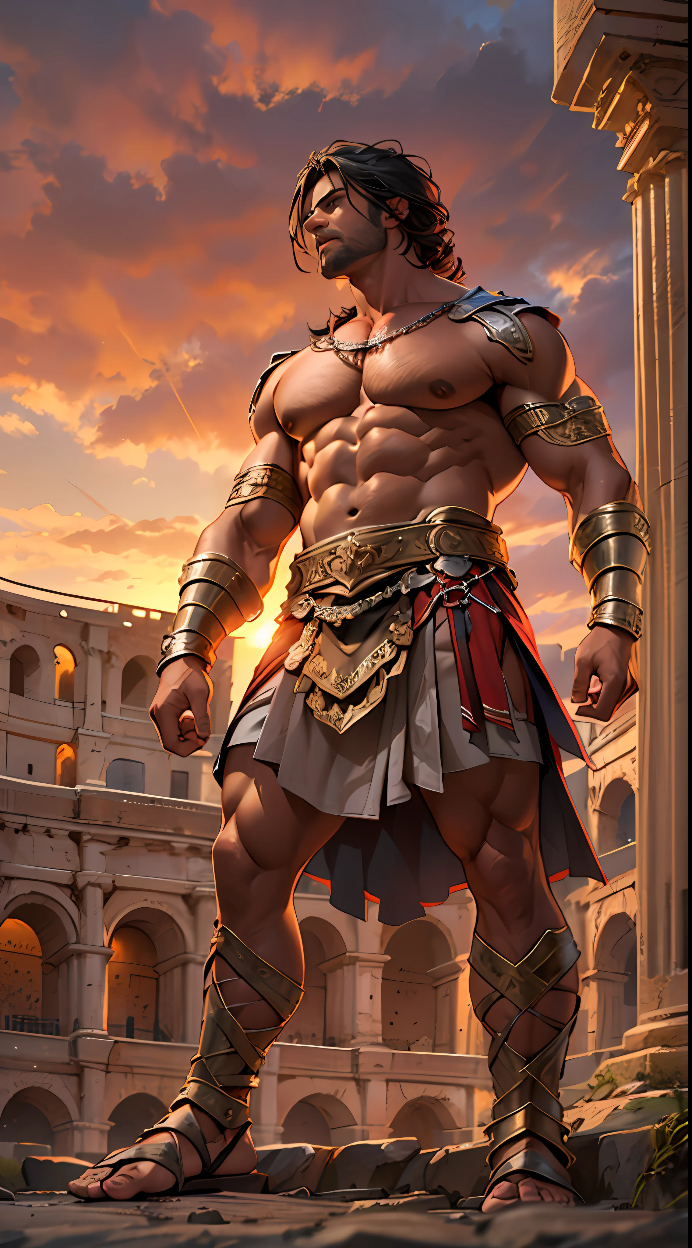 Mighty gladiator, chest uncovered, lower body revealed from thighs to feet, cascading long curls, detailed muscular physique, lifelike depiction, 4K resolution. Background: Colosseum during a spectacular sunset,32k uhd, best quality, masterpiece, super detail, high details