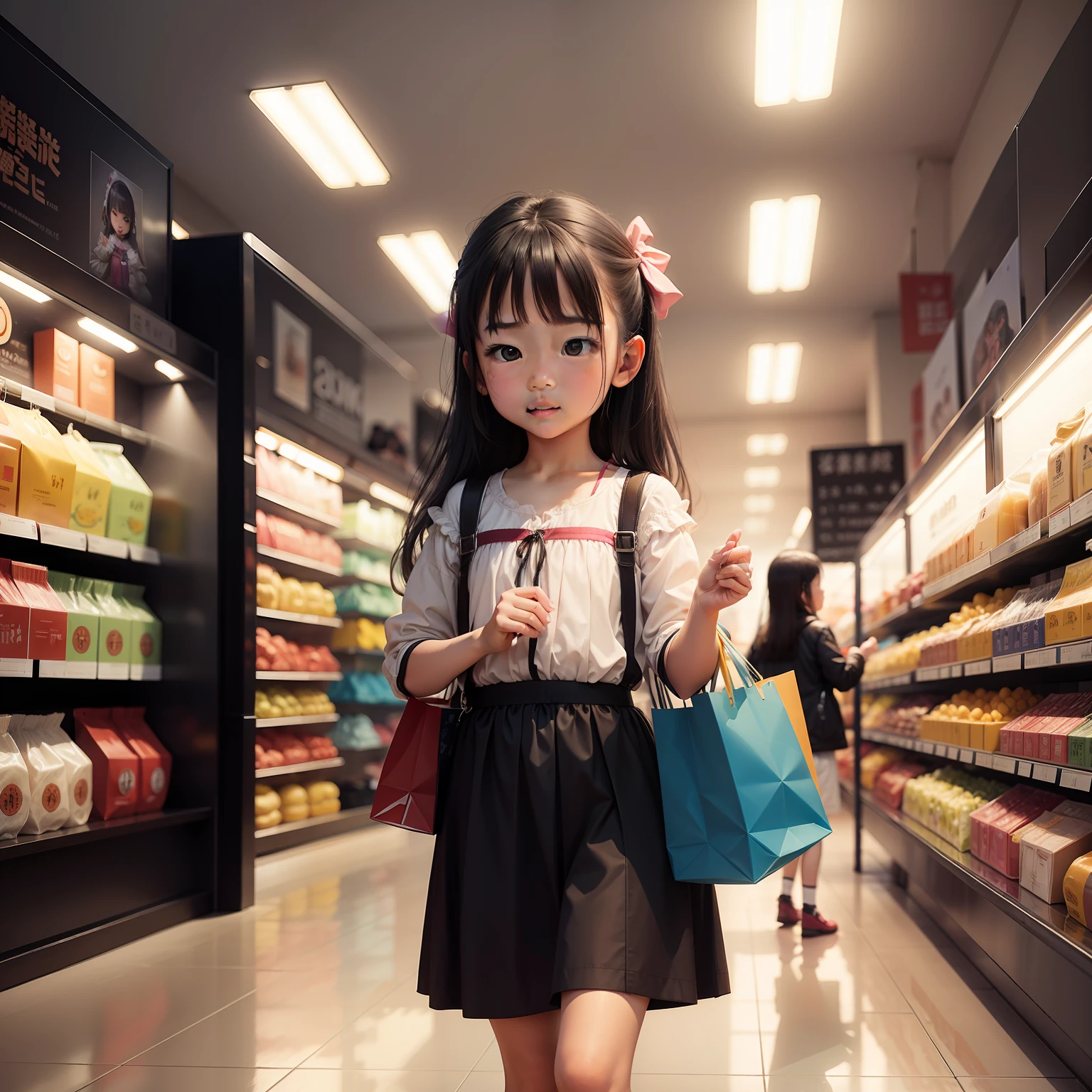 Generate a scene of a little girl shopping，The atmosphere of the event is relatively strong