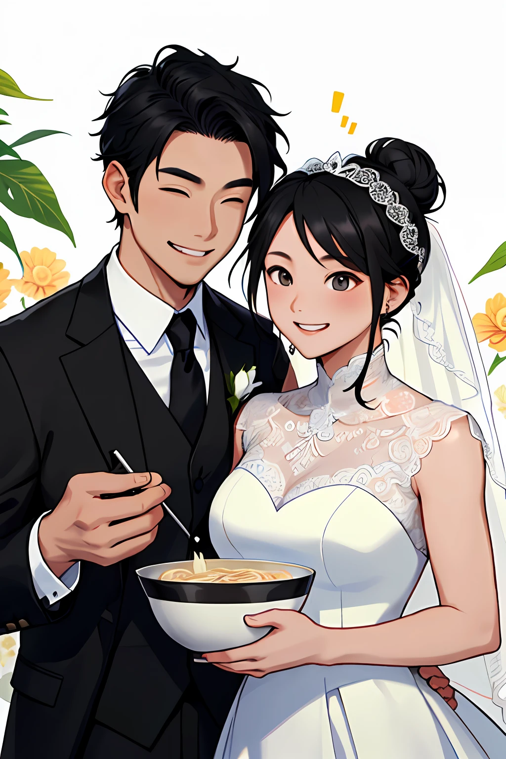 Draw a bunch of couples，Eating a bowl of noodles together，Show a happy smile，（Men's suit and tie，with short black hair，with a round face，adolable），（Woman's white wedding dress，cabelos preto e longos，single hair bun，Veil），Face WeChat，Dynamic lens