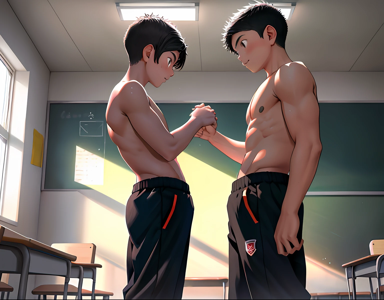 2Children from  one puts the other hand to the pants , el otro siente dolor miedo pena  , Parlero, dentro, (obra maestra, La mejor calidad, absurdos ), escuela,Classroom two shirtless kids are in school have sweatpants looking into each other's eyes sadly are in the sports room