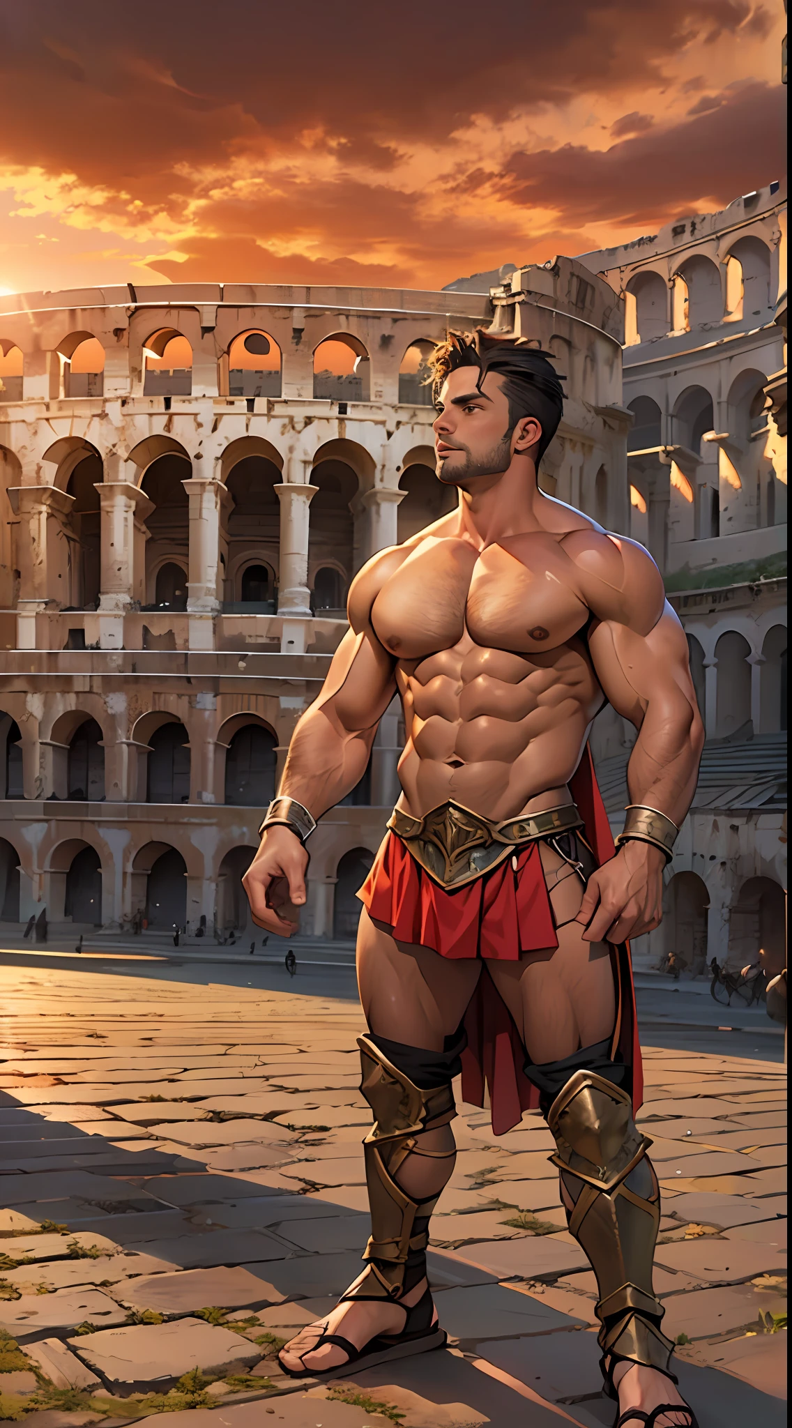 Mighty gladiator, chest uncovered, lower body revealed from thighs to feet, cascading long curls, detailed muscular physique, lifelike depiction, 4K resolution. Background: Colosseum during a spectacular sunset,32k uhd, best quality, masterpiece, super detail, high details