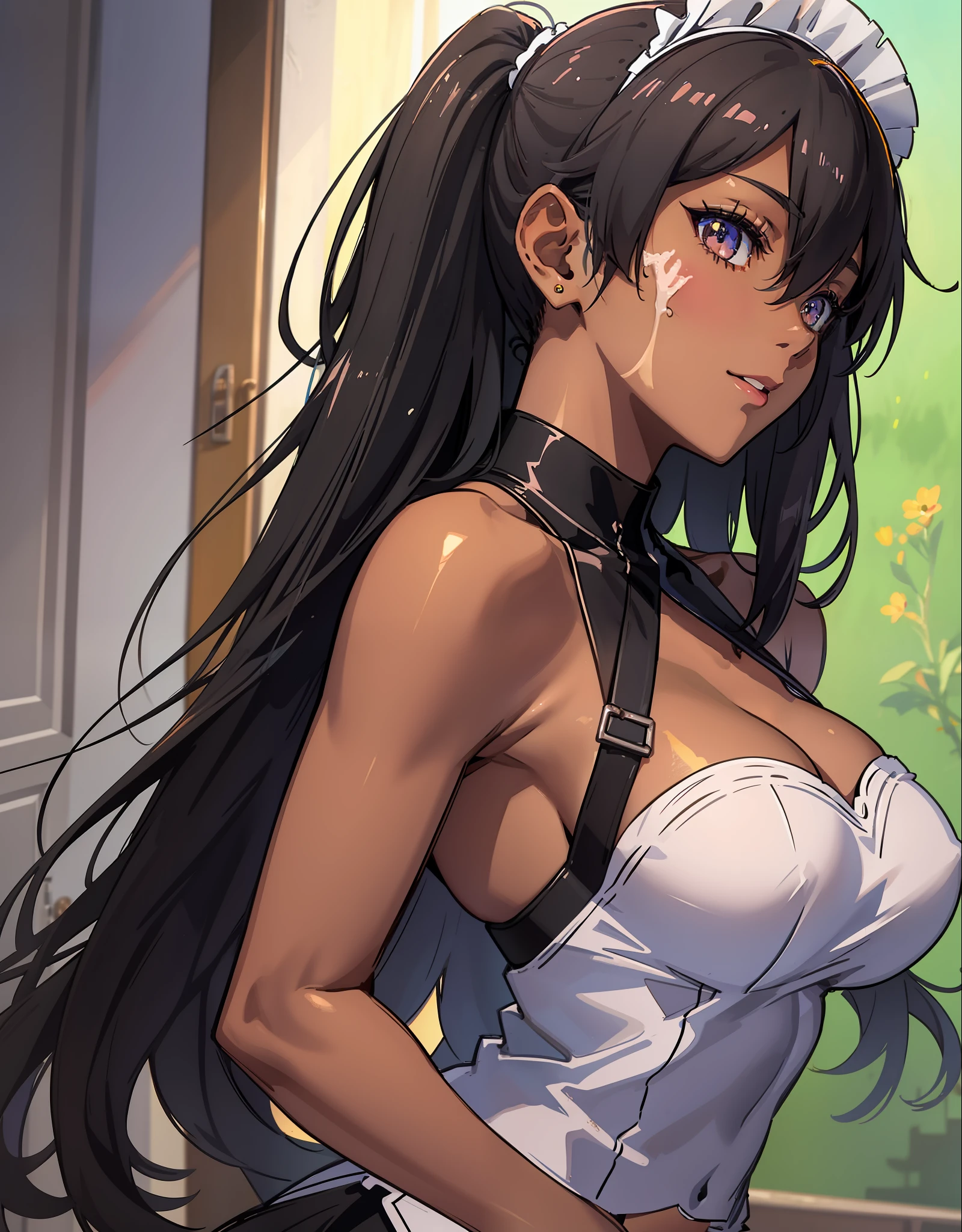 ((((masuter piece、top-quality、Long body、silber hair、large full breasts、Split abs、Brown skin color、perspiring、profile、The front door of the house、Maid appearance、A charming expression、Great look))))、Silvery hair、verd s eyes、(((Very marked camel toe)))、(((Pose with emphasis on the chest)))、(((((Black skin、natta))))),((((darkskin)))),((sun burn))、Realistic skin type、an anime girl、Detailed Digital Anime Art、A seductive anime girl、extremely detailed art germ、a hyperrealistic schoolgirl、Ilyakukvshinov、Smooth Anime CG Art、Ultra Realistic Woman、ig model、ArtGerm、photo-realistic anime girl、digital anime art