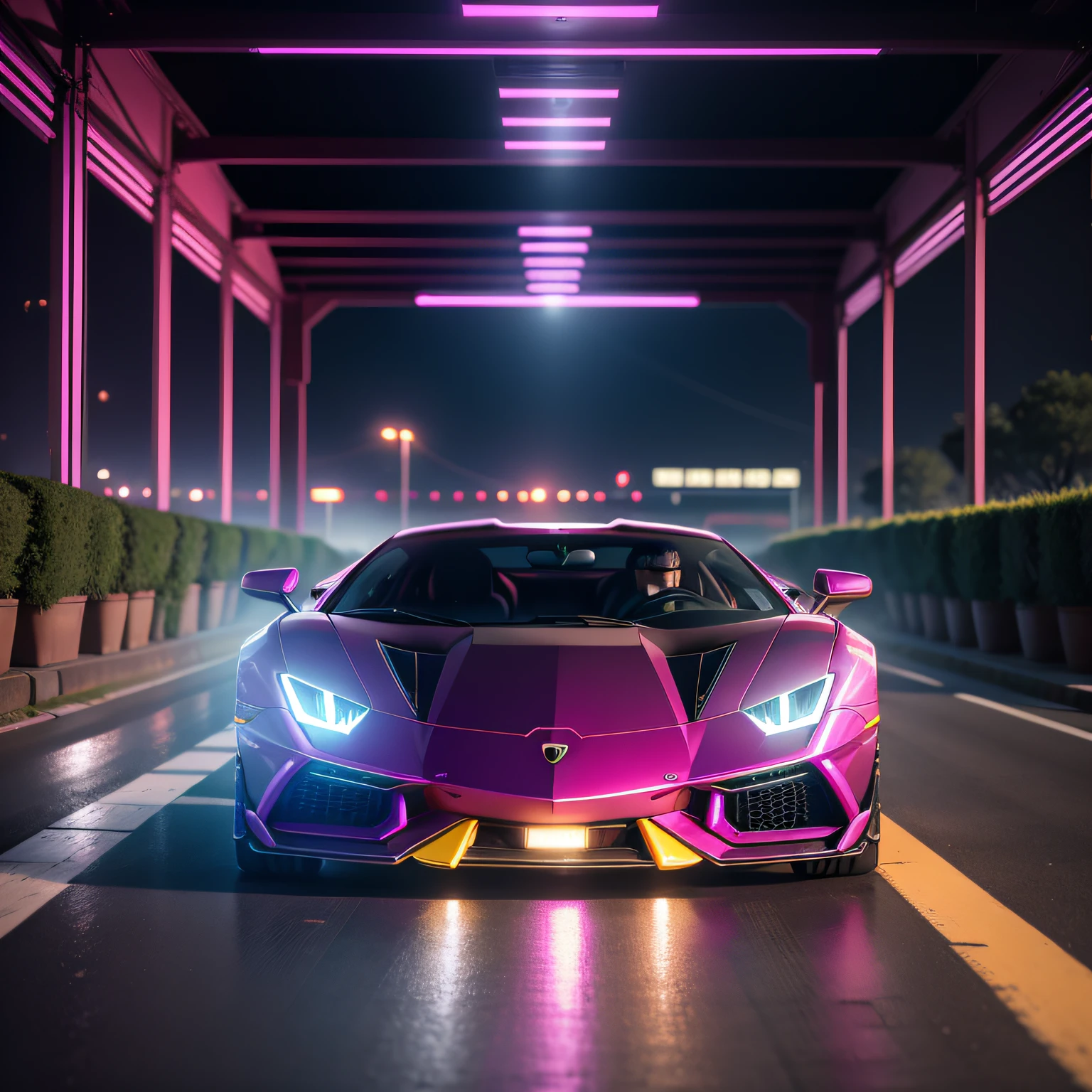 retrowave,Lamborghini,extreme light,mont,pathway,PURPLE NEON MONITOR LIGHT, suns,(RAW photos:1.2),(realisticlying:1.4),(tmasterpiece:1.3),(best qualtiy:1.4),超高分辨率,8K分辨率