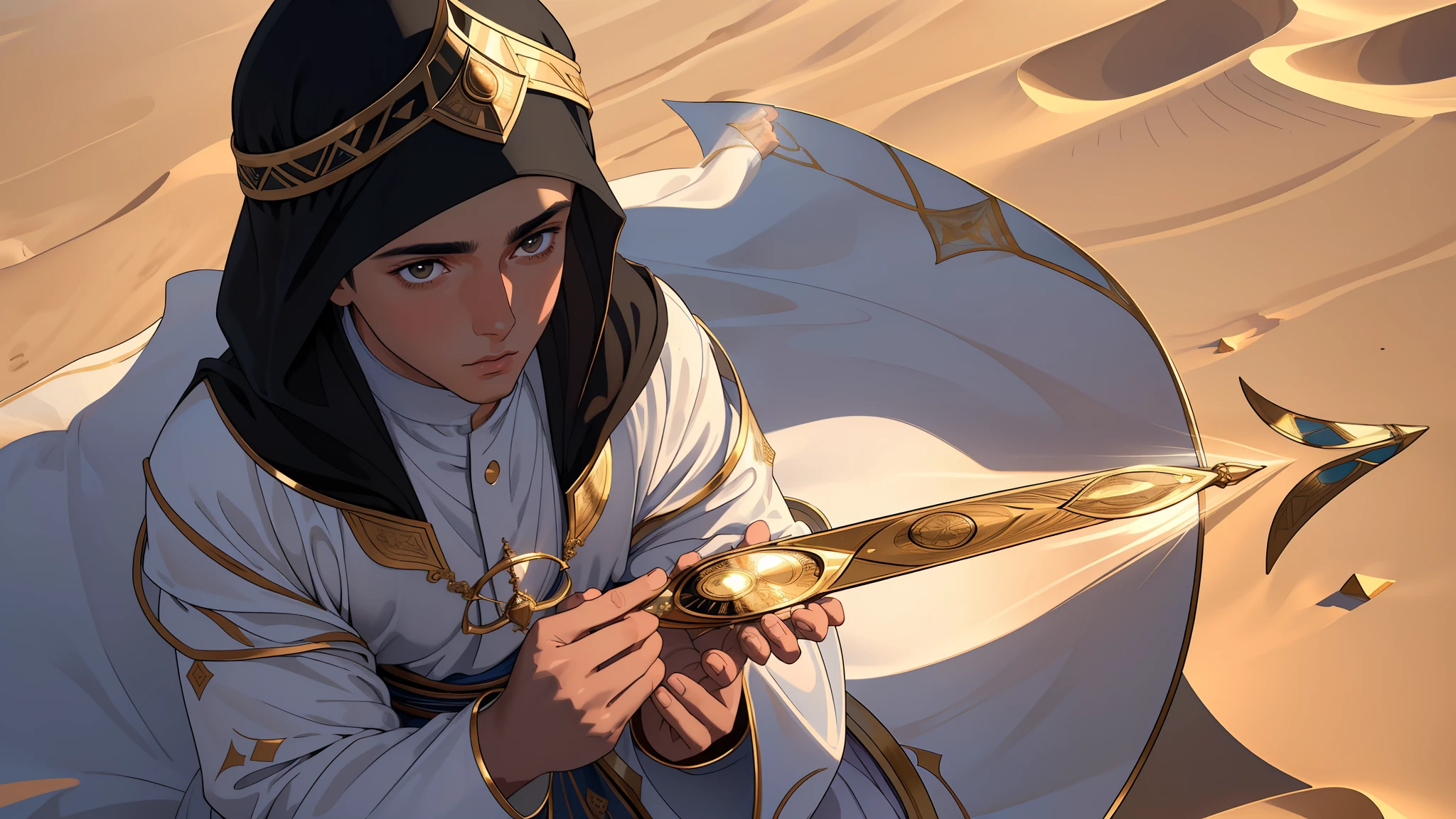 "(8k ultra-realistic) (detailed image) (masterpiece) (superb quality) As Amir, a young man(wearing islamic cloths), gazes at the small compass(very small that can fit in palm of the hand in his hand (detailed hand) in the vast desert."