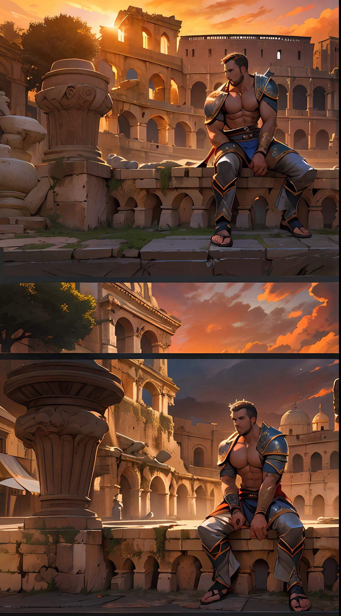Mighty gladiator, chest uncovered, lower body revealed from thighs to feet, cascading long curls, detailed muscular physique, lifelike depiction, 4K resolution. Background: Colosseum during a spectacular sunset,32k uhd, best quality, masterpiece, super detail, high details