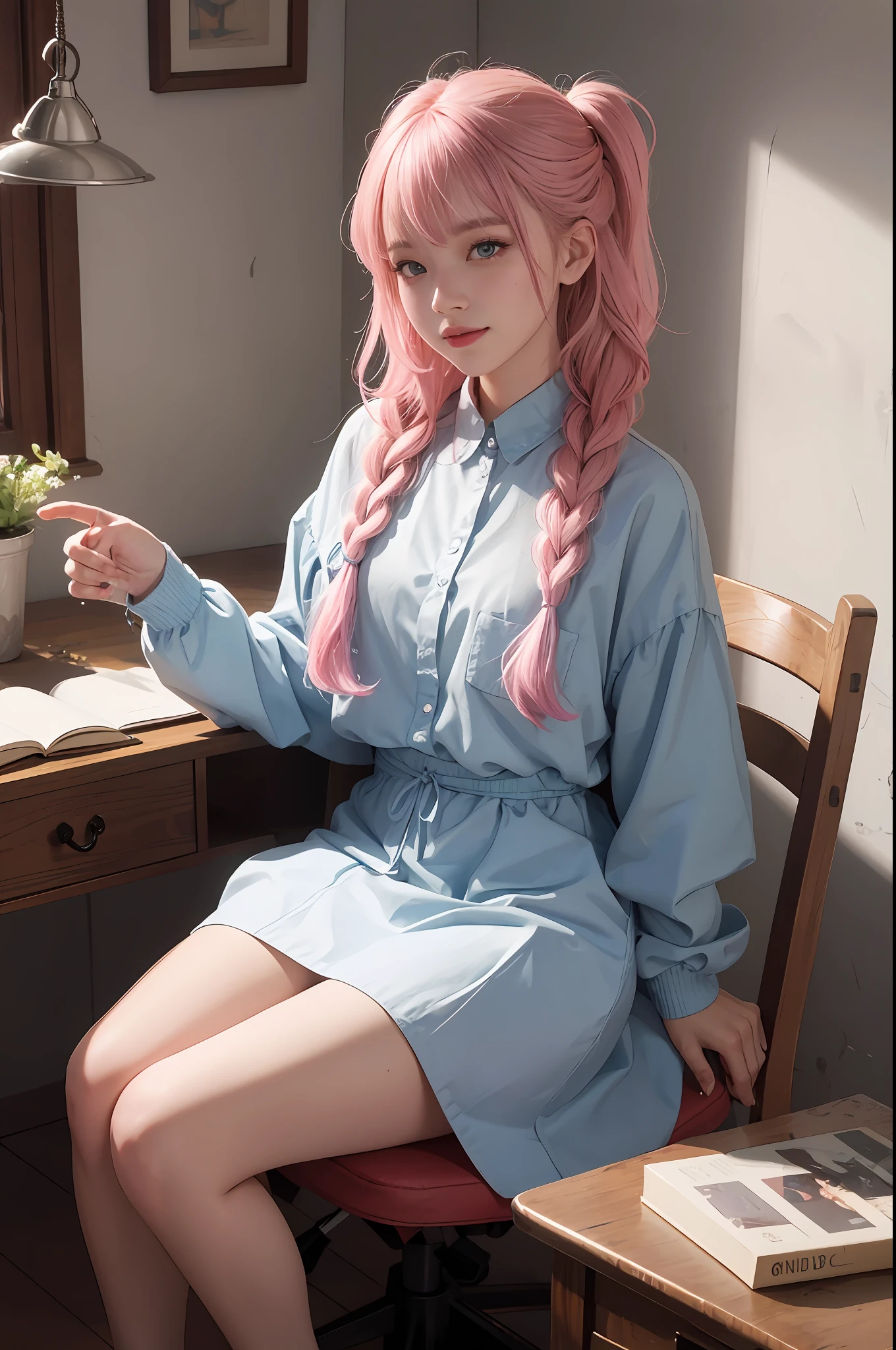 tmasterpiece，Need，1girll，A high resolution，hoang lap，full bodyesbian，（ultradetailed：1.1025），（illustratio：1.1025），（infography：1.1025），Qi bangs，Pick dyeing，Powder blue braid，A half body，adolable，ssmile@G1XAWW，Five fingers in one hand
