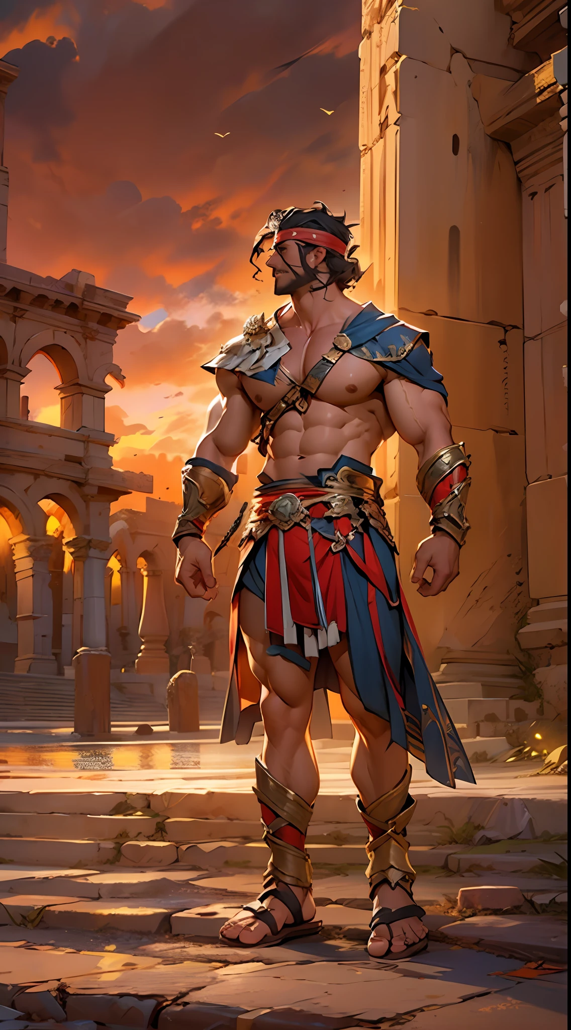 Mighty gladiator, chest uncovered, lower body revealed from thighs to feet, cascading long curls, detailed muscular physique, lifelike depiction, 4K resolution. Background: Colosseum during a spectacular sunset,32k uhd, best quality, masterpiece, super detail, high details