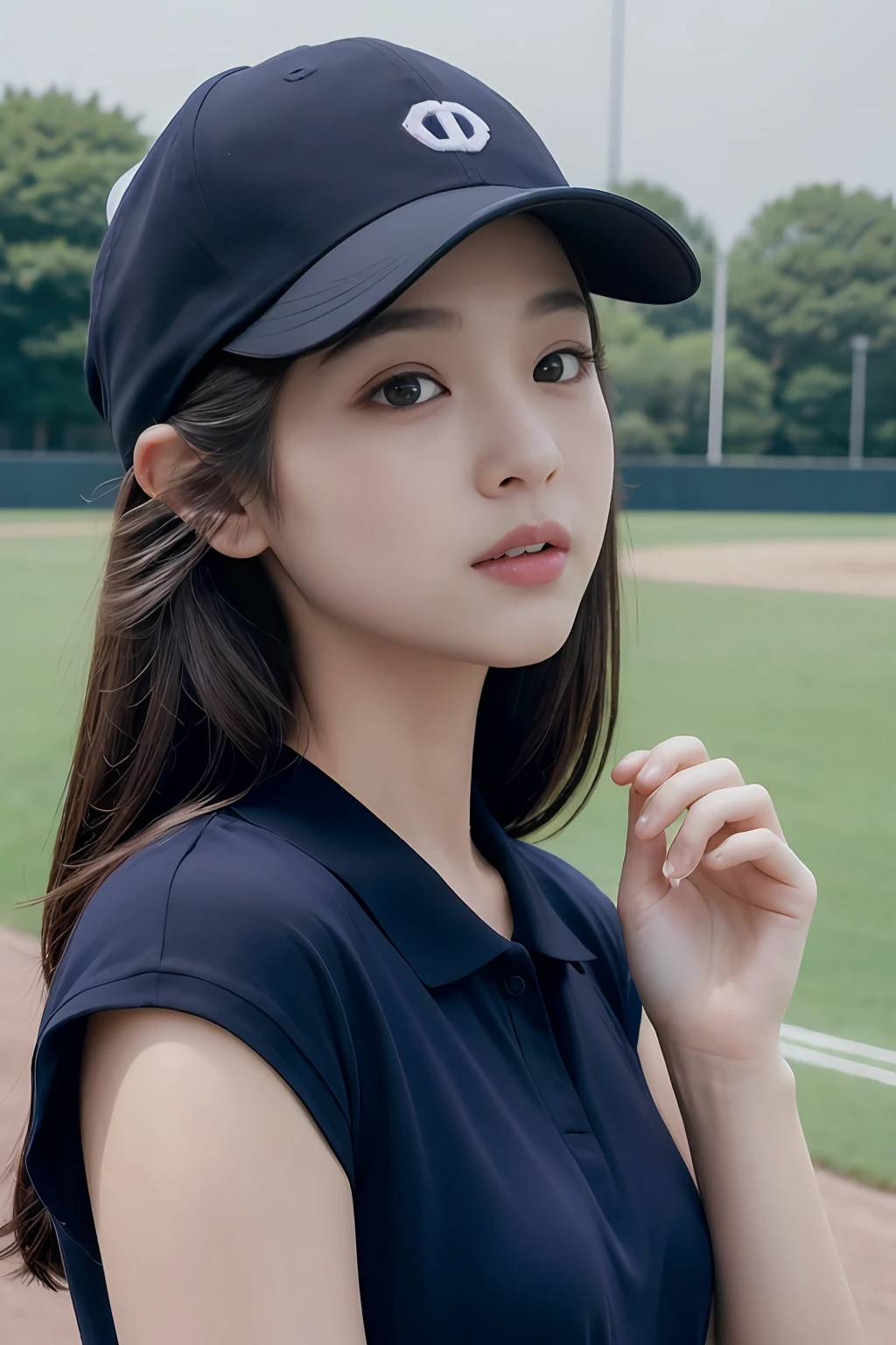 One girl、top-quality、masterpiece、超A high resolution、(Photorealsitic:1.4)、There is a woman wearing a baseball cap、wearing a dark blue polo shirt、baseball field