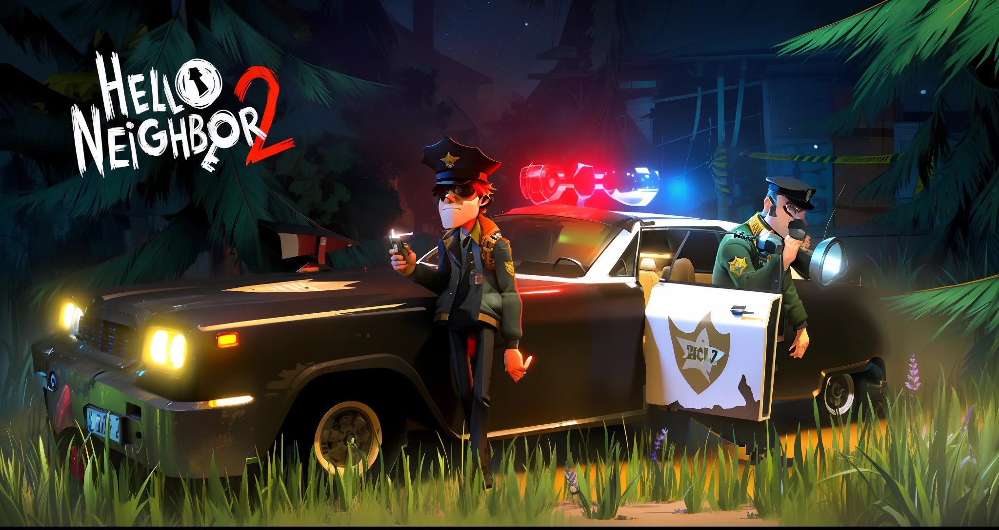 There are 2 police officers in a car, Captura de tela do PC, Captura de tela do videogame>, jogabilidade ainda, Jogo de rolagem lateral, 2D, 2 d, 2 D Gorillaz, motorista, Captura de tela oficial, rolagem lateral, Captura de tela do jogo, animated film, Gorillaz Fase 1, jogo de aventura apontar e clicar, captura de tela do videogame