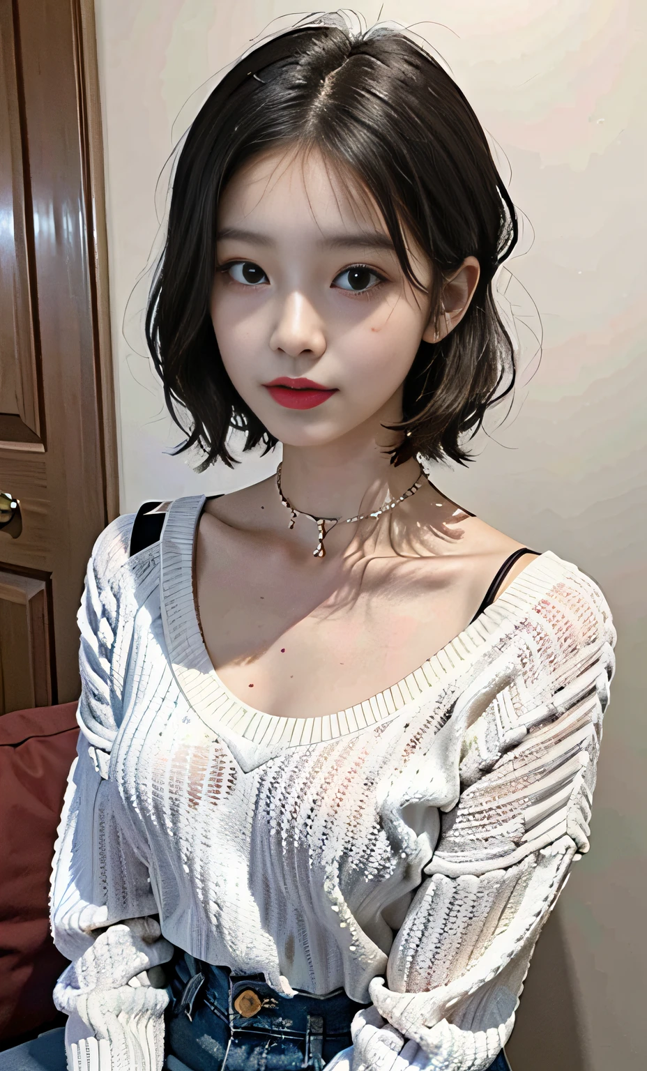 (best qualtiy,8k,32k,tmasterpiece,UHD:1.2),Beautiful Korean woman photo,,very short bobbed hair,The upper part of the body,(oversized_sweater,:1.1)choker necklace,simple backgound,tour,ssmile,Showing part of the chest