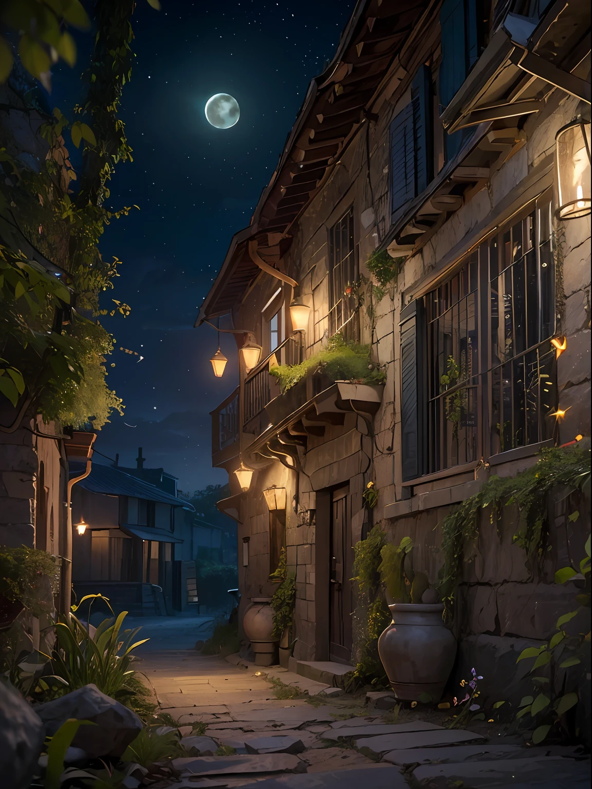 official arts, The ancient city of Europe, Ancient streets, (Lots of fireflies), (the night), (luna), Lights, Beautiful landscapes, Epic landscapes, Realistic lights, tmasterpiece, hiquality, Beautiful graphics, higly detailed, Global Illumination, unreal engine rendering, Octane rendering, (HDR: 1.3)