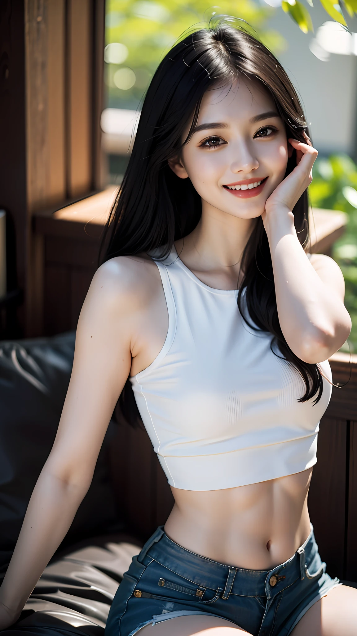 Best quality, masterpiece, ultra high res, photorealistic, Beautiful woman, shorts, crop-top, black hair, smile, pale skin, bokeh