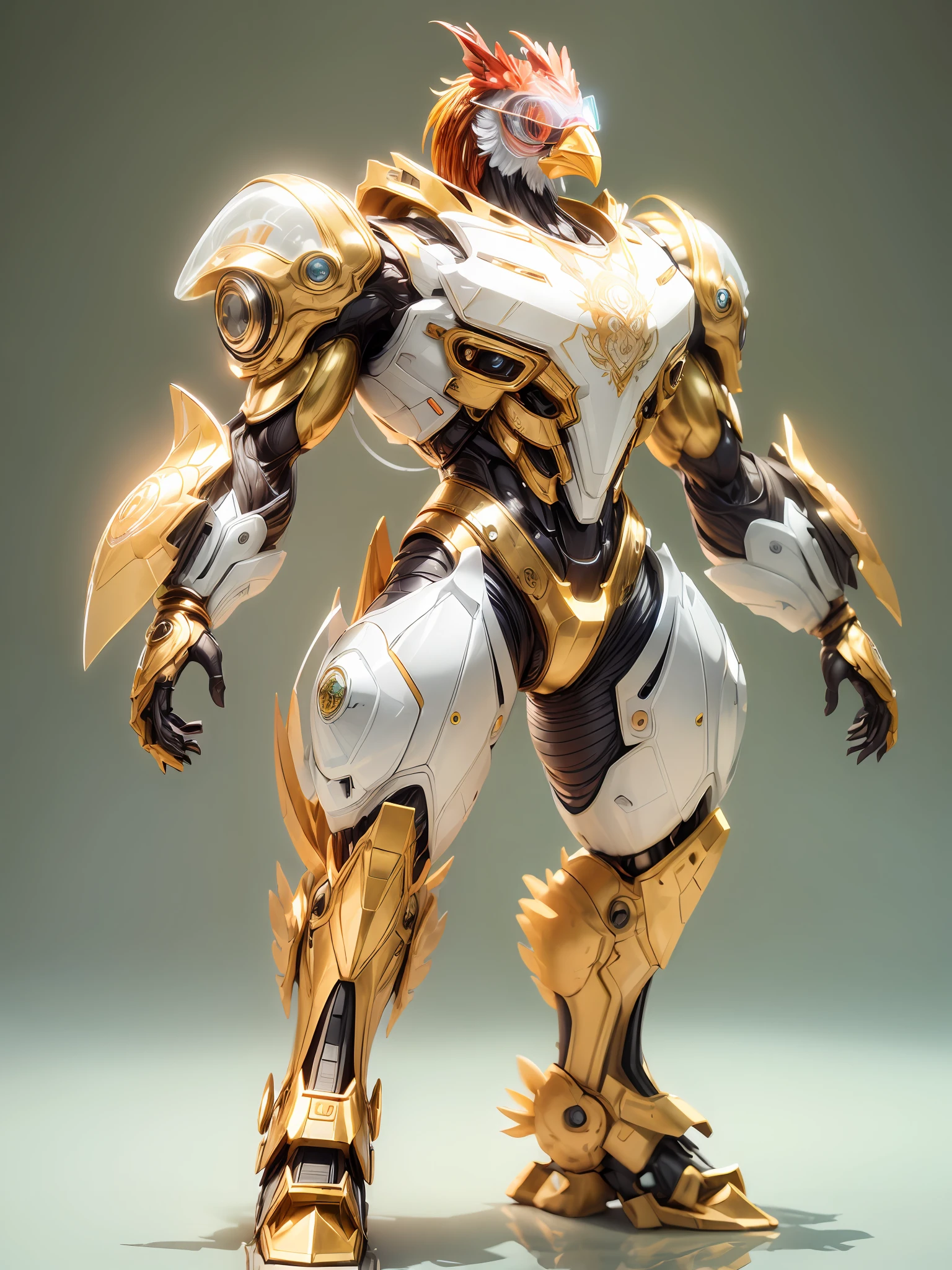 (anthropomorphism:1.5),(Full Body Shot), 1 Colored Transparent rooster mecha(Mechanical style Colored Transparent rooster head, Exquisite Helmet:1.2, glowing goggles:1.2, muscular limbs, muscular body), Standing on two legs, nobody,Colored Transparent plastic, Cyberpunk, Dreamy Glow,clean,white background, ( Global illumination, raytracing, HDR, unreal render,reasonable design, high detailed, masterpiece, best quality, UHD, Cinematic Lighting)