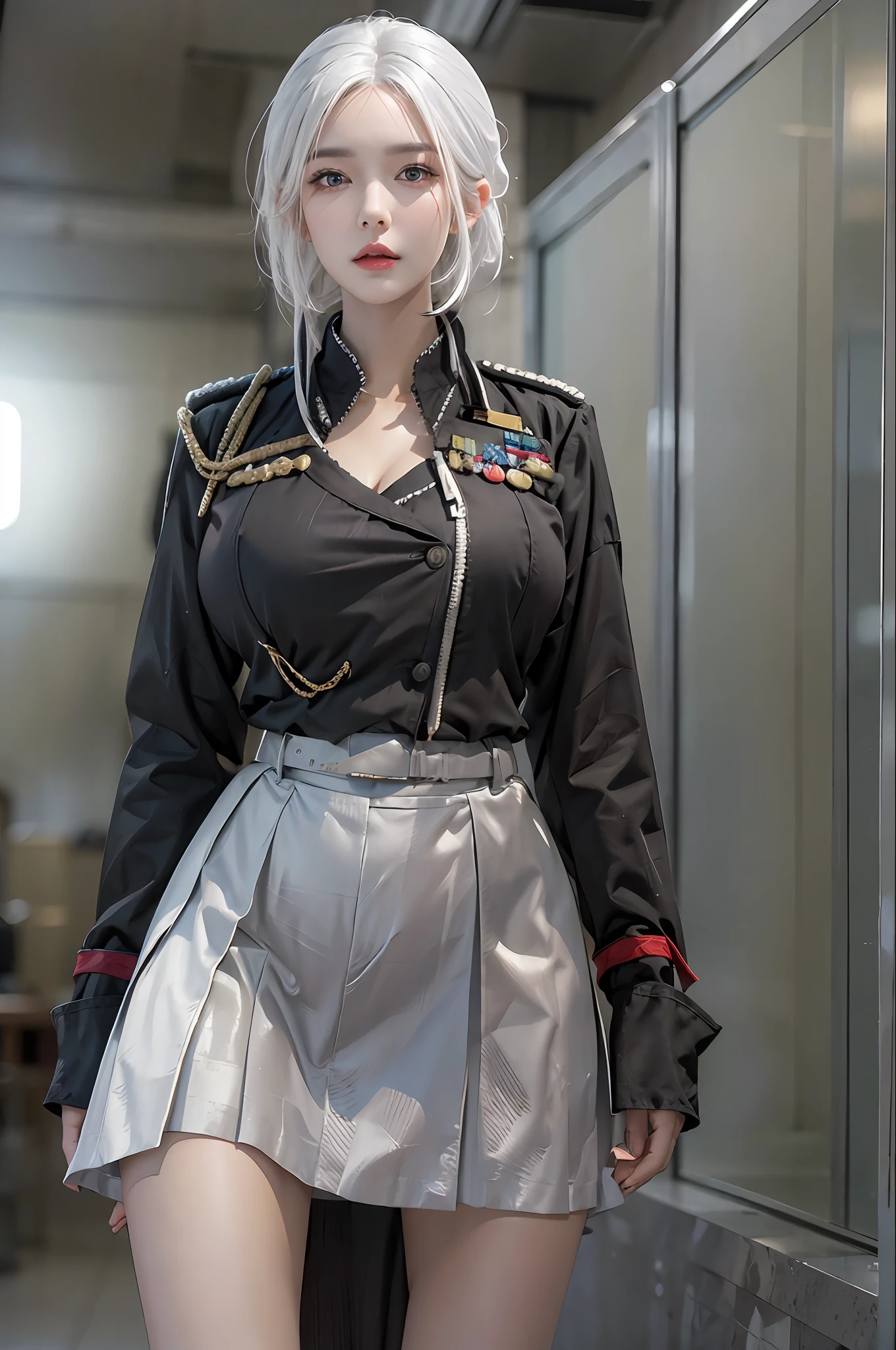 photorealistic, high resolution, 1 women, solo, hips up, look at viewer, (detailed face), white hair, military uniform, skirt