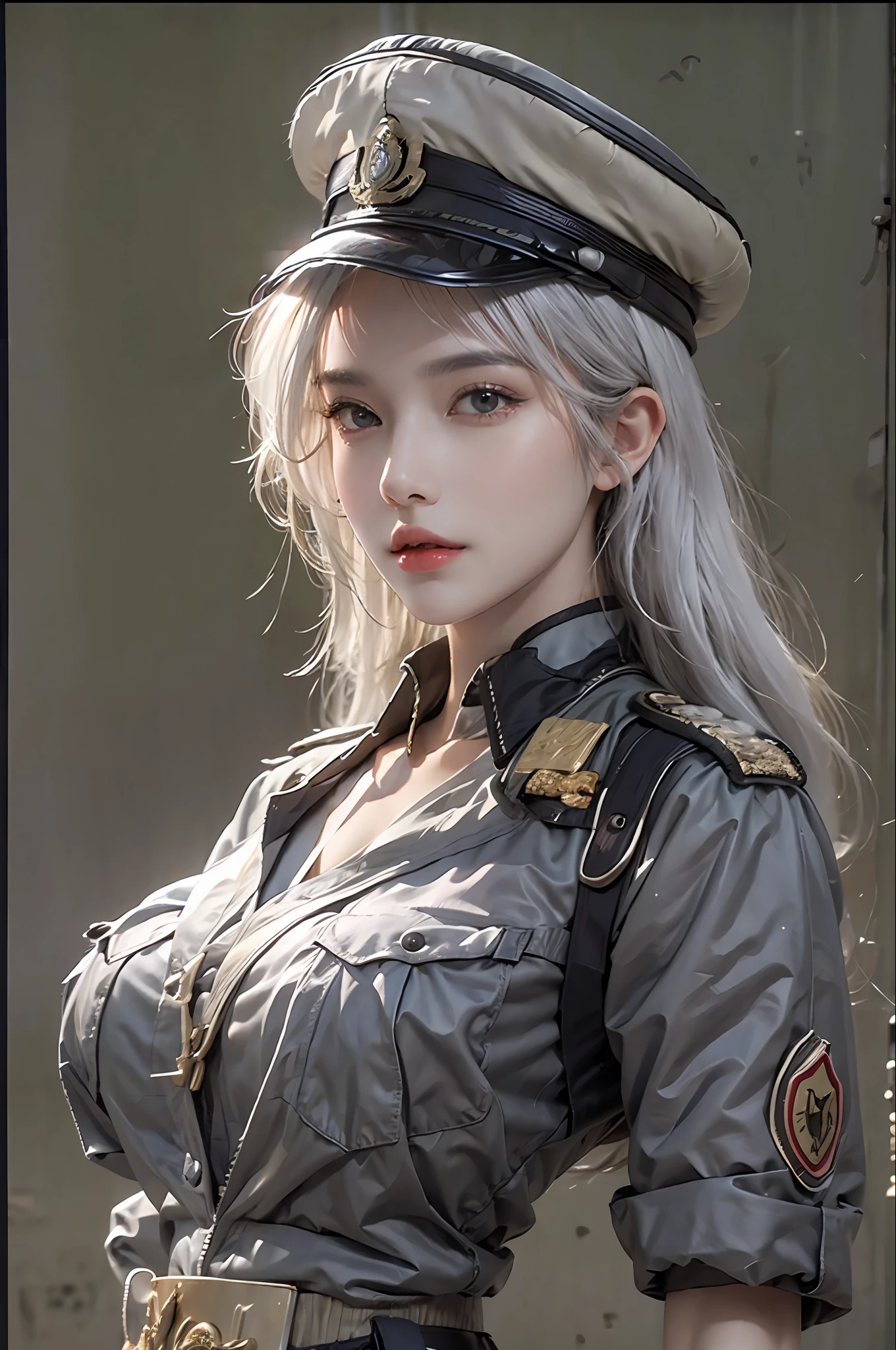 photorealistic, high resolution, 1 women, solo, hips up, look at viewer, (detailed face), white hair, military uniform, skirt