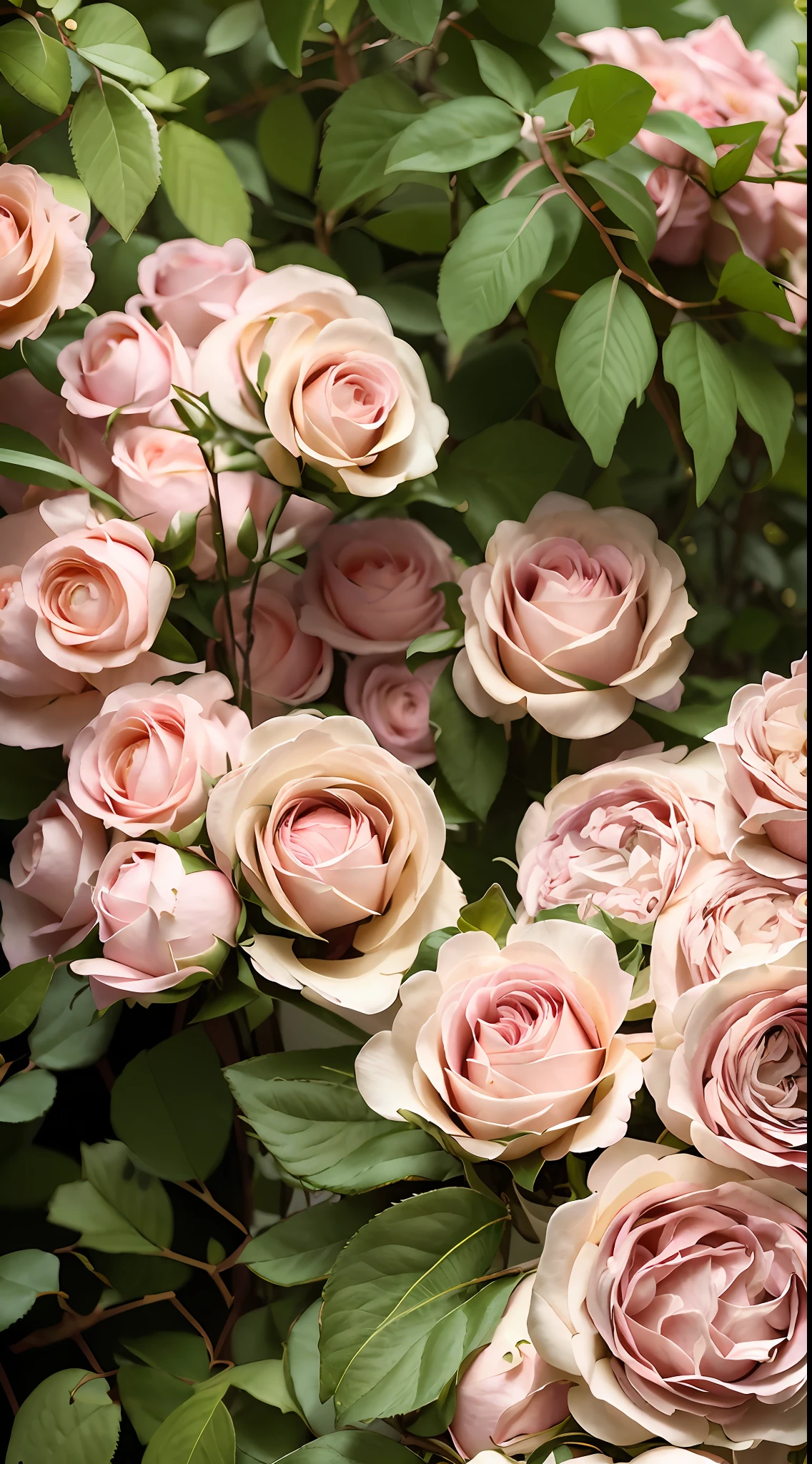 There are many pink and white roses in the leafy bushes, rose-brambles, Rozen Maiden, rosa bonheurn, rosette, rose twining, Incredibly beautiful, pink rosa, a few roses, light pink tonalities, rosses, beautiful aesthetic, anna nikonova, stunningly beautiful, Pink big breasts, Rose, decorative roses, beautifully, Just beautiful