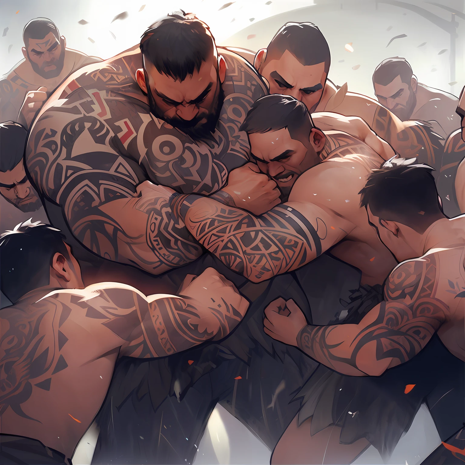 There are a lot of men wrestling together in a circle in the game, art cover illustration, full art illustration, detailed game art illustration, Game illustration, epic full color illustration, full art, epic digital art illustration, wojtek fus, high detailed official artwork, warriors fan art, illustration concept art, muscular features, Thick ink, comic cover art, Rosla 1. 0