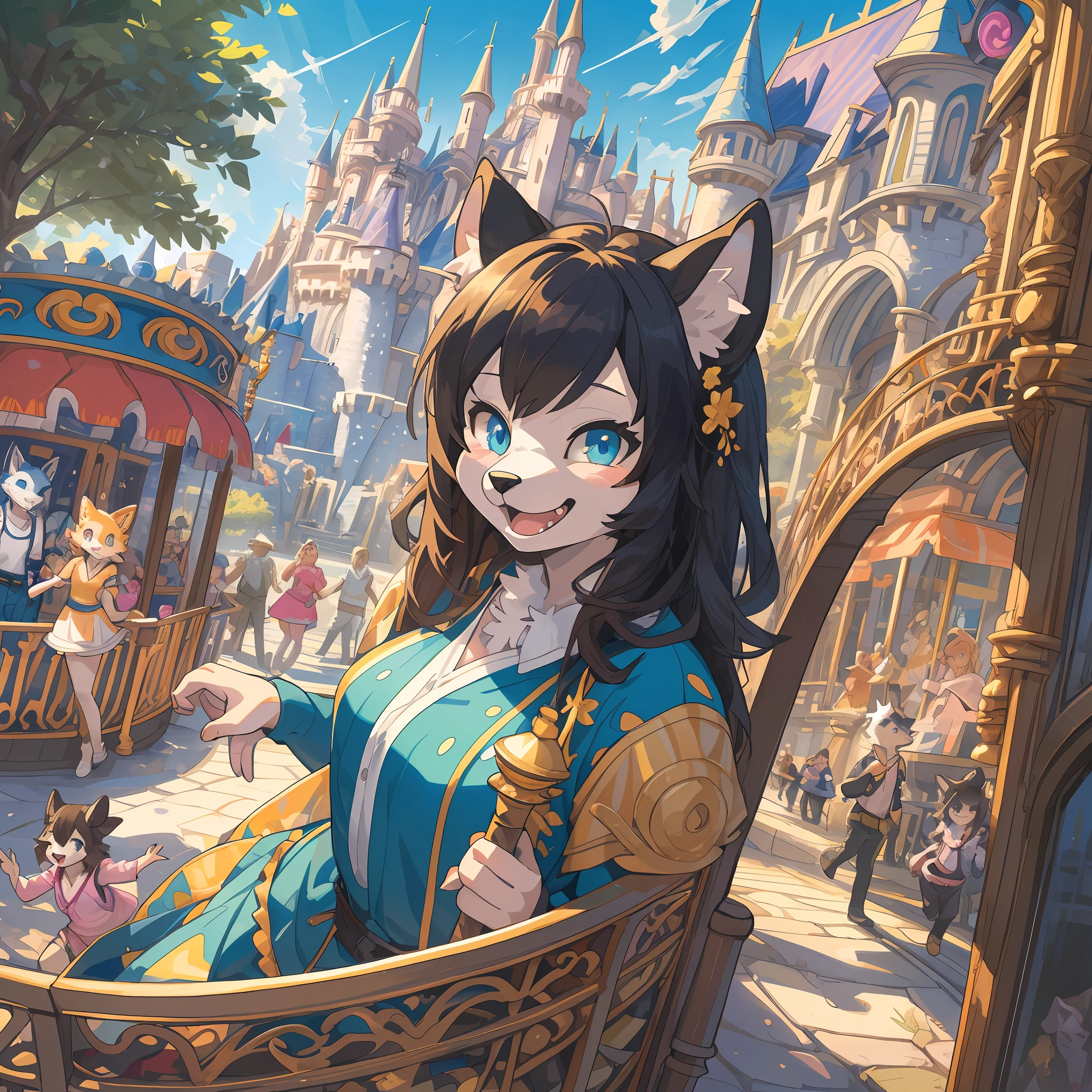 top quality, best quality, High-quality illustrations, masterpiece, super high resolution, detailed background, detailed background, An amusement park, Disneyland, group shot:0.5, 6+boys, 6+girls, Happy, joyful, absurdres(highly detailed beautiful face and eyes)perfect anatomy(Photos taken with friends)(kemono, furry anthro),