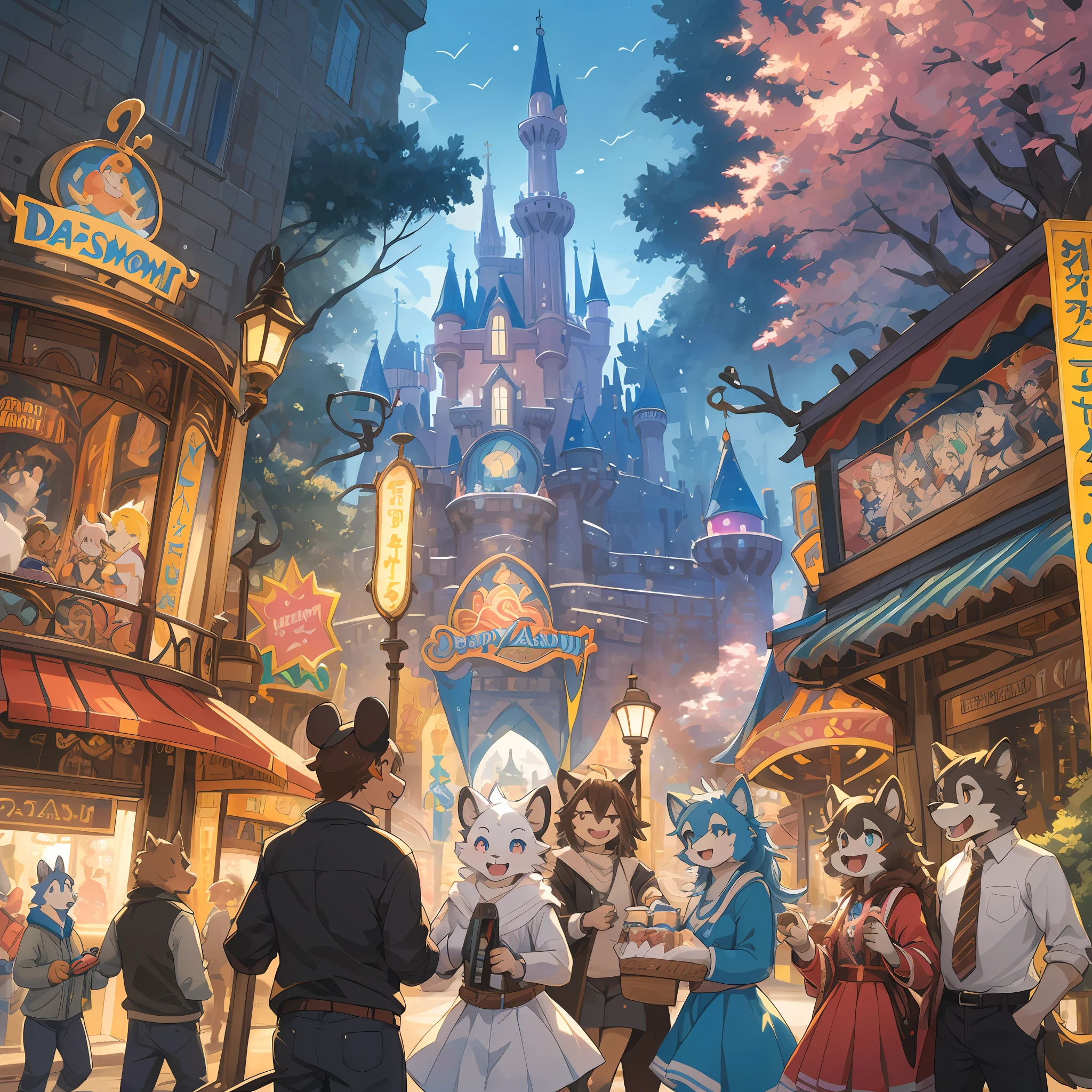 top quality, best quality, High-quality illustrations, masterpiece, super high resolution, detailed background, detailed background, An amusement park, Disneyland, group shot:0.5, 6+boys, 6+girls, Happy, joyful, absurdres(highly detailed beautiful face and eyes)perfect anatomy(Photos taken with friends)(kemono, furry anthro),