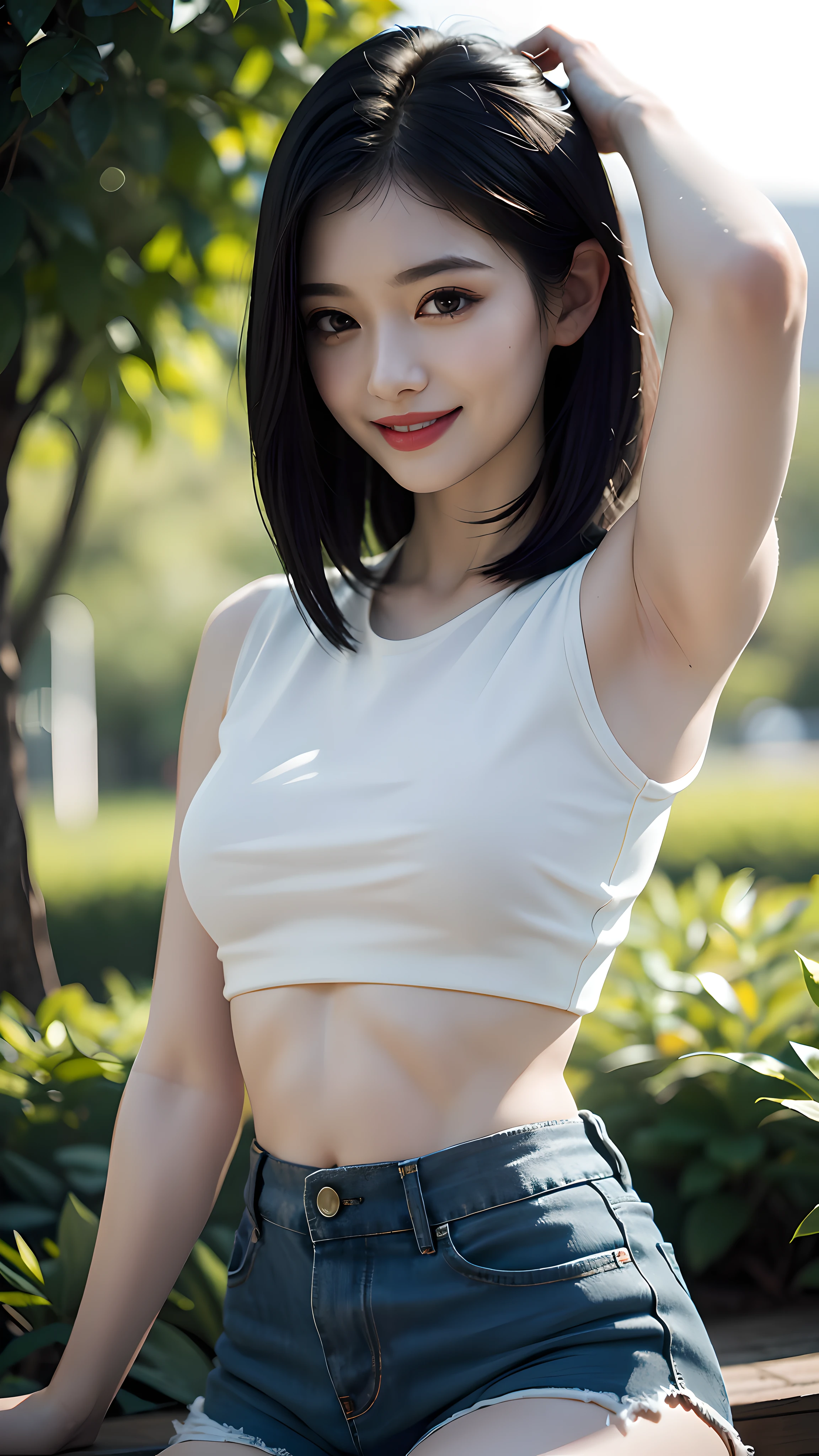 Best quality, masterpiece, ultra high res, photorealistic, Beautiful woman, shorts, crop-top, black hair, smile, pale skin, bokeh