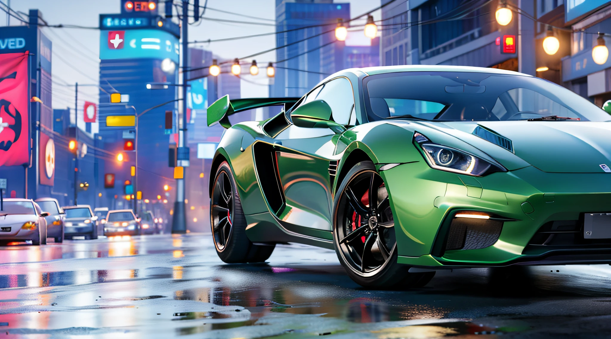 Speeding cars, reflective in the sun, technological, futuristic, walking through the city, cyberpunk, fluttering flags, exquisite sports cars