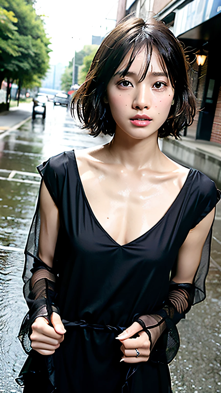 ((the highest quality、8K、A masterpie:1.3))、focus:1.2、Perfect Body Beauty:1.4、ass:1.2、((Layered haircut、s chest:1.2))、(wet clothing:1.1)、(wet rainy、street:1.3)、Bando Dress:1.1、highly detailed facial and skin textures、delicated eyes、Double eyelidd、Whitened skin、hair long、topless,