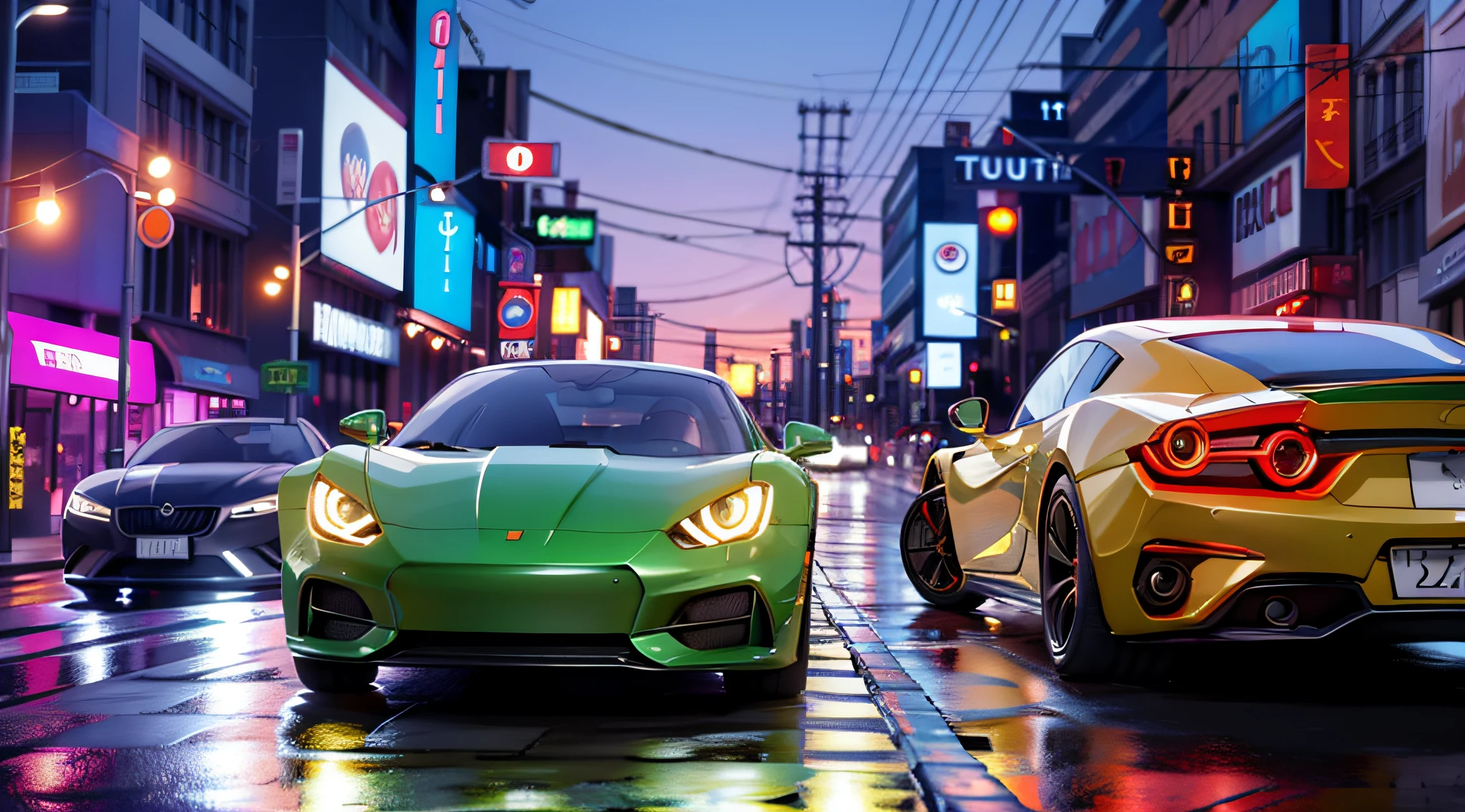 Speeding cars, reflective in the sun, technological, futuristic, walking through the city, cyberpunk, fluttering flags, exquisite sports cars