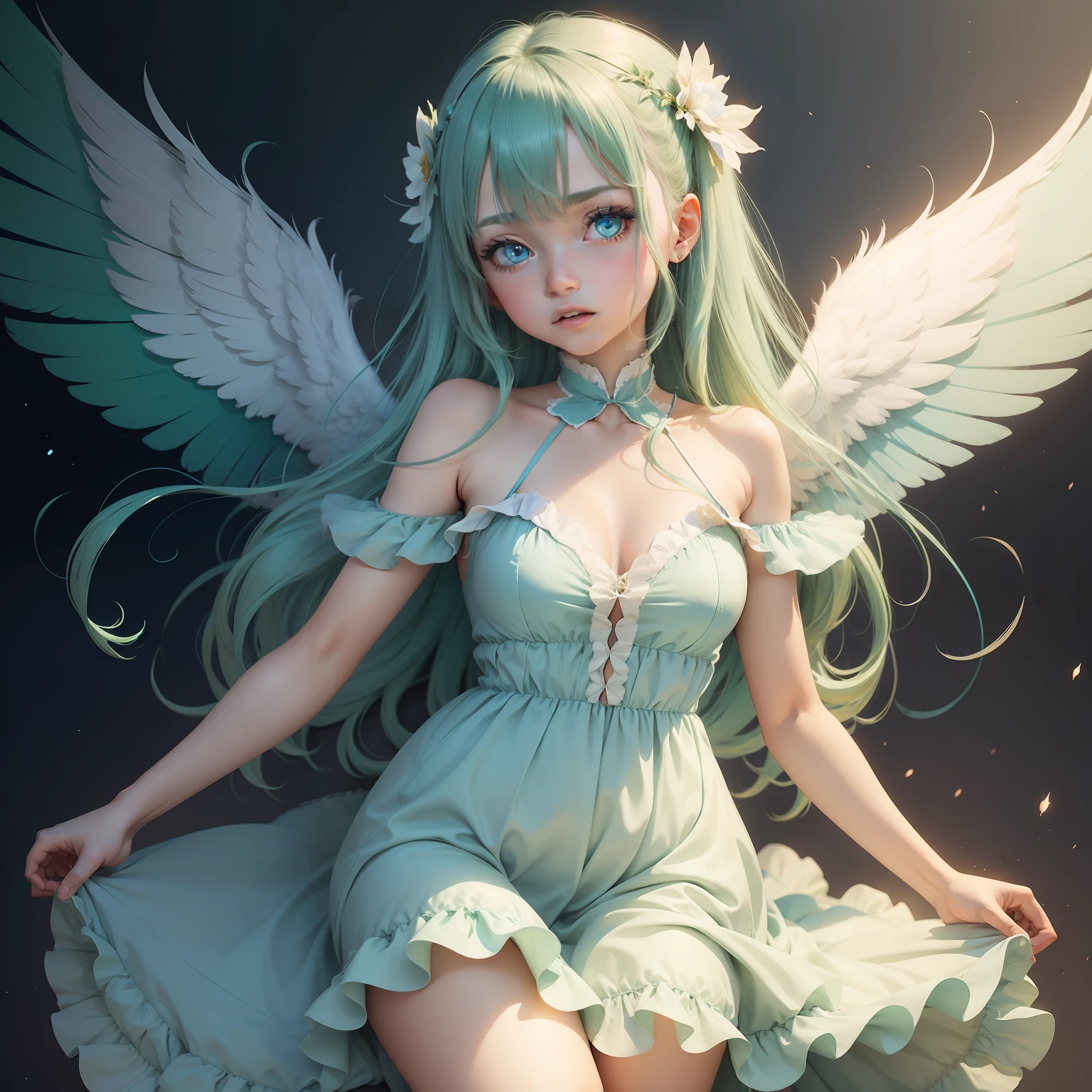 Anime Angel Girl, with blue-green hair, blue eyes, in a delicate dress