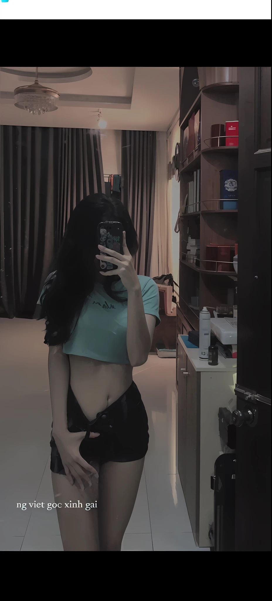 there is a woman taking a selfie in a mirror, low quality photograph, her belly button is exposed, tinyest midriff ever, croptop, physical : tinyest midriff ever, exposed midriff, low quality photo, wearing a sexy cropped top, in style of kar wai wong, wearing crop top, waist - shot, with abs, nude