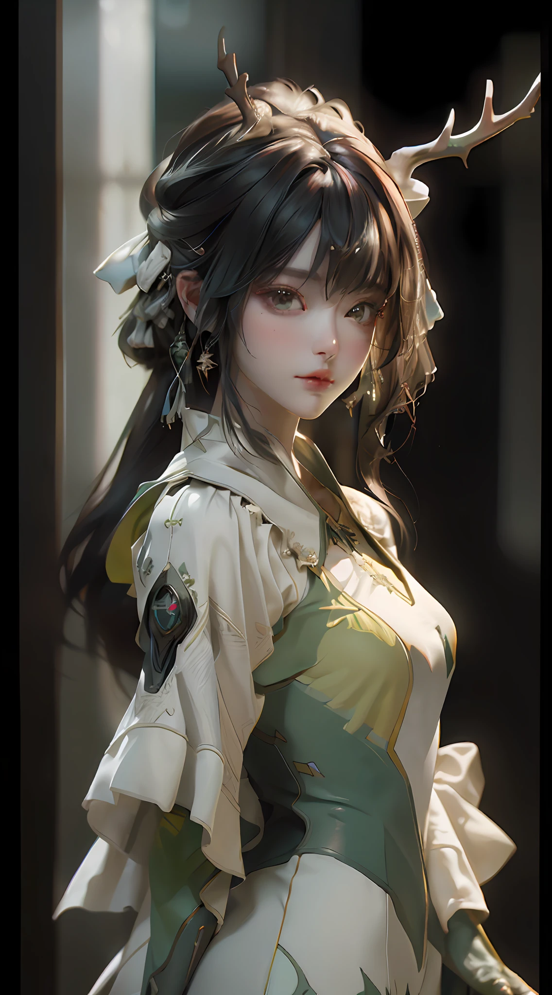 ((best qualtiy)), ((tmasterpiece)), (the detail:1.4), 3D, A beautiful cyberpunk female image,hdr(HighDynamicRange),Ray traching,NVIDIA RTX,Hyper-Resolution,Unreal 5,Subsurface scattering、PBR Texture、post-proces、Anisotropy Filtering、depth of fields、maximum definition and sharpness、Many-Layer Textures、Albedo e mapas Speculares、Surface coloring、Accurate simulation of light-material interactions、perfectly proportions、rendering by octane、Two-colored light、largeaperture、Low ISO、White balance、the rule of thirds、8K raw data、Girl with antlers、Antique green clothing