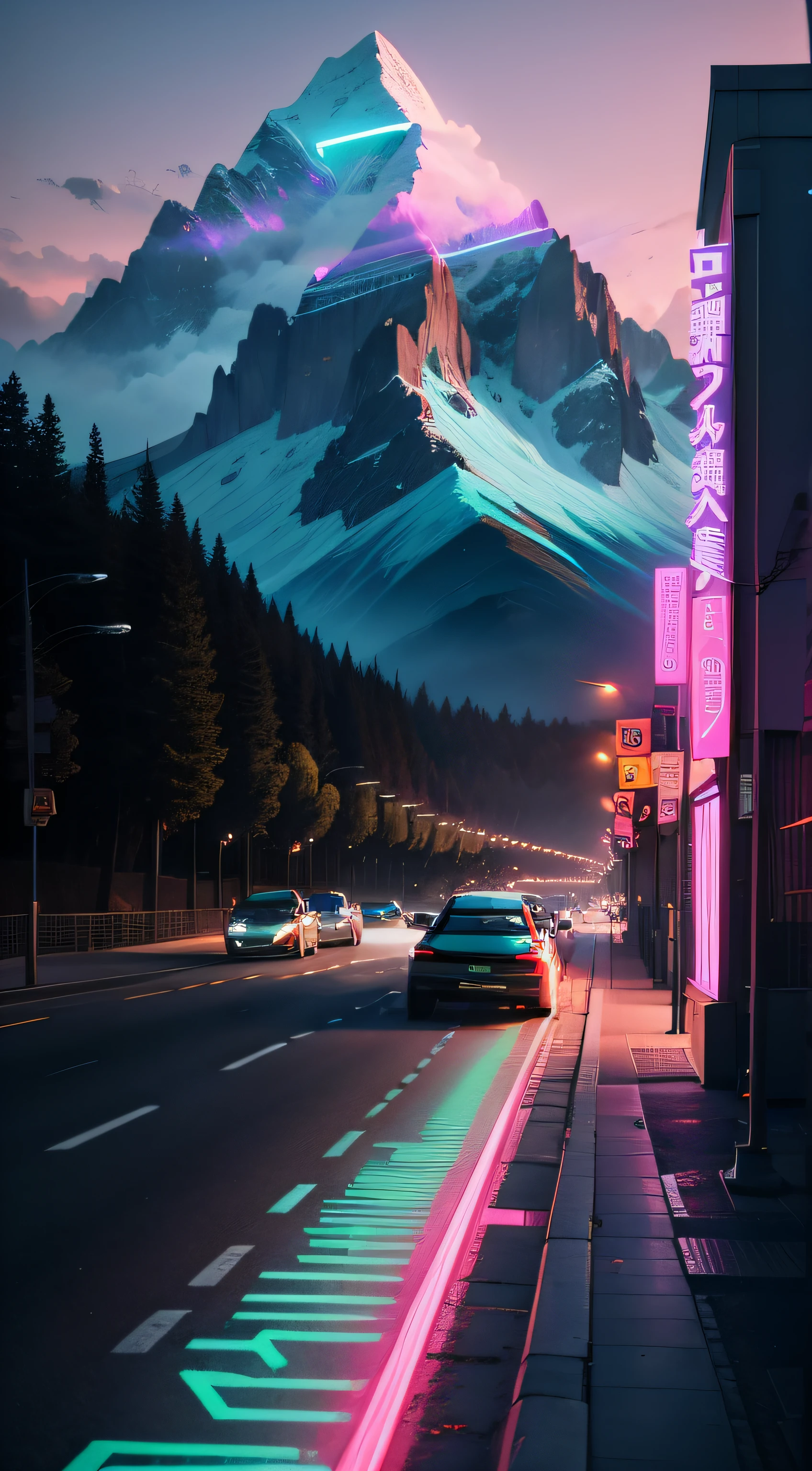 retrowave，Lamborghini，Aurora Mountain，pathway，Purple neon sun，（RAW photos：1.2），（realisticlying：1.4），（tmasterpiece：1.3），（best qualtiy：1.4），超高分辨率，8K分辨率