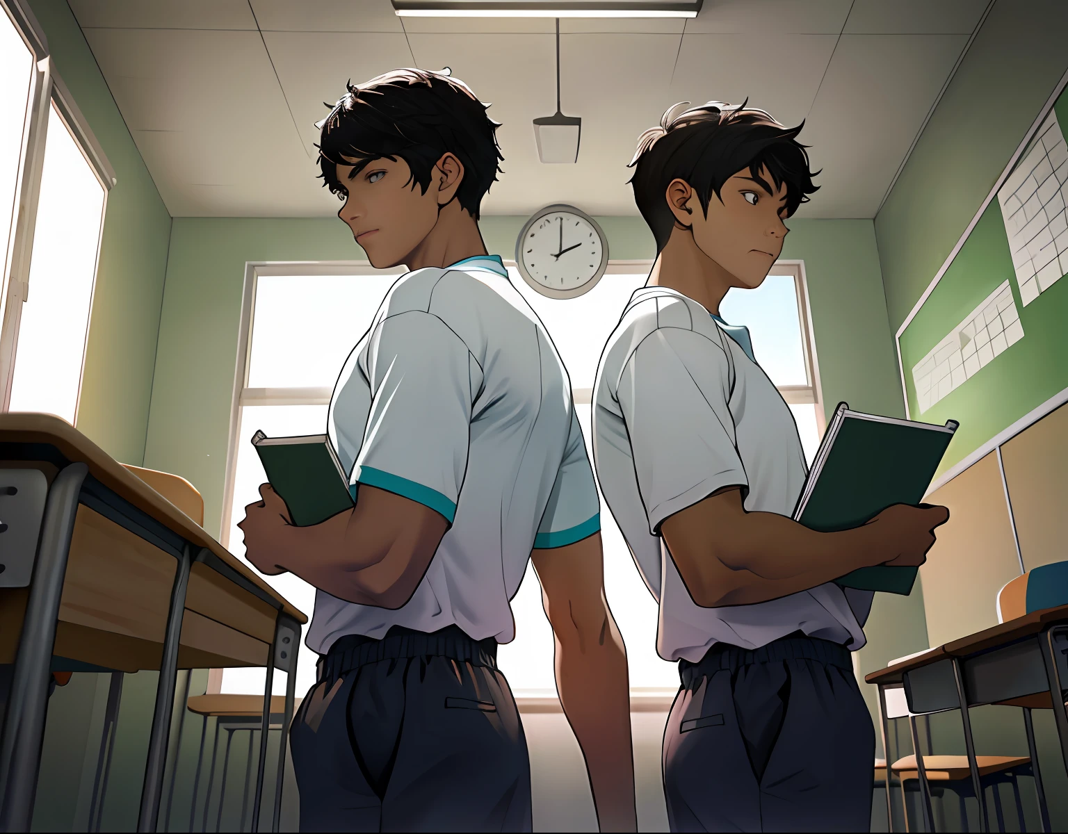 2boys , Parlero, dentro, (obra maestra, La mejor calidad, absurdos ), escuela,Classroom, Ropa deportiva,looking at eachother , rubor claro,
