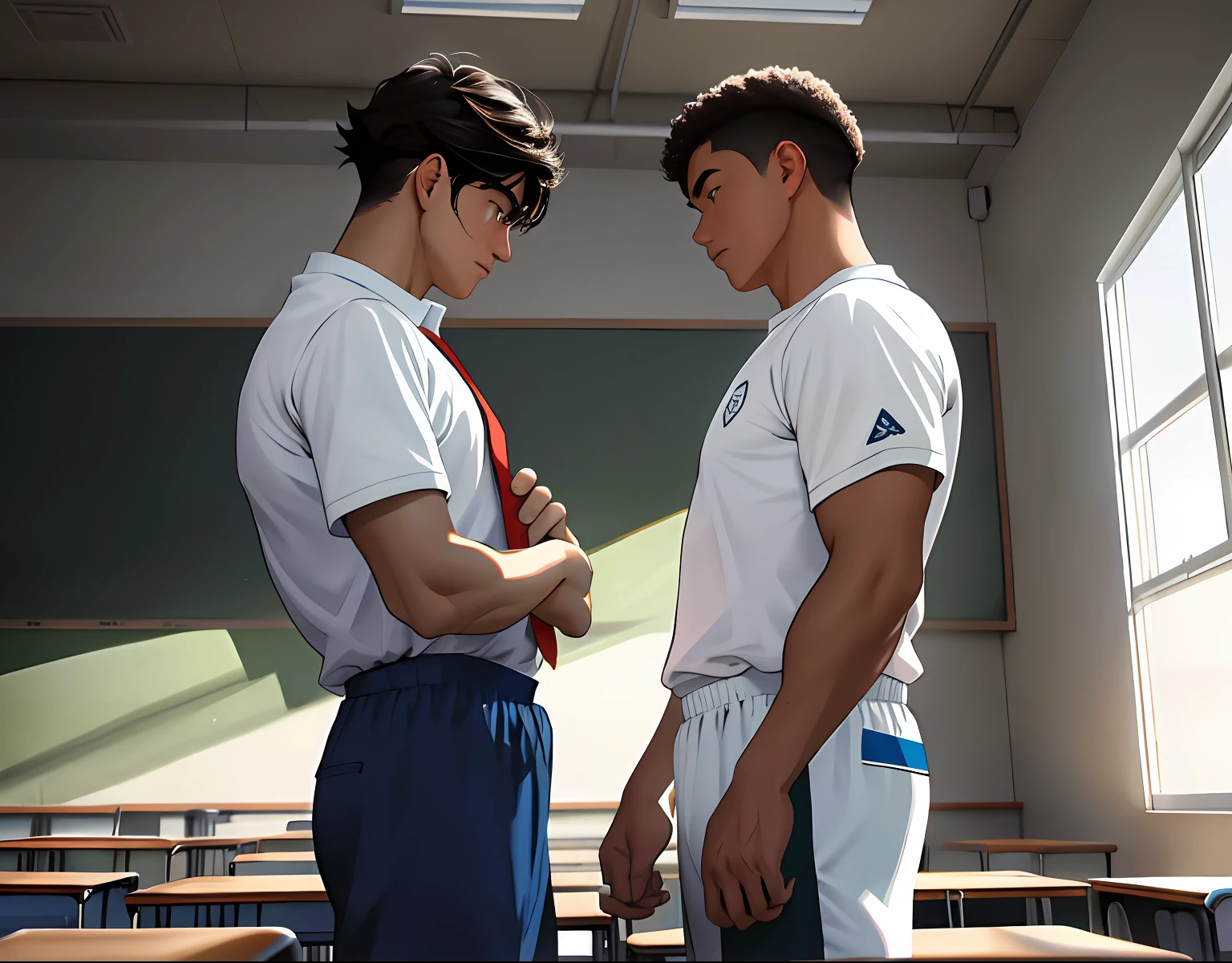 2boys , Parlero, dentro, (obra maestra, La mejor calidad, absurdos ), escuela,Classroom, Ropa deportiva,looking at eachother , rubor claro,