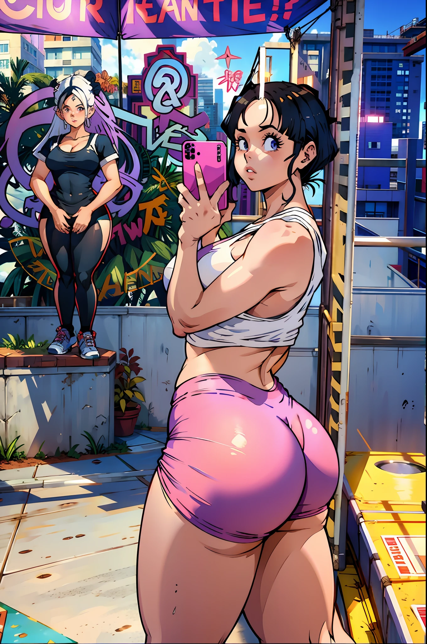 Videl em um shorts rosa tirando uma selfie em uma academia, big booty, thicc, em uma academia, pawg, malhar, beautiful thick female, modelo fitness, Back from Toned, Hinata Hyuga in the gym, curvy accentuated booty, corpo grande, thick thieves, grosso, menina em forma, em um planeta fitness, bunda grande, pernas grossas, extremamente sexy, extremamente realista