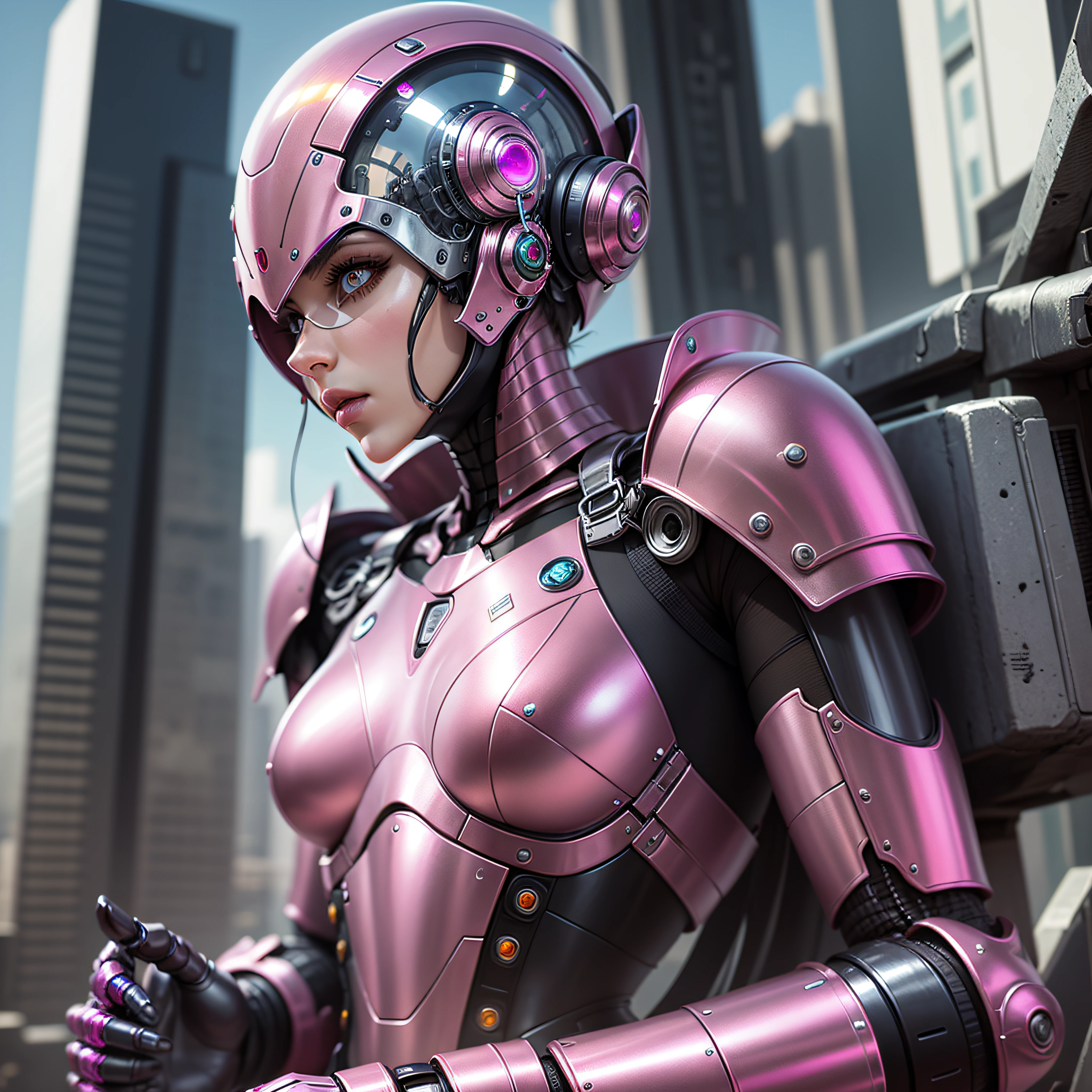 realistic photography, solo, full copor, depth, best quality, a pink chrome humanoid robot, with human parts, bright eyes, shiny ((Pink chrome armor)), slim body, cyberpunk style, pink chrome colors, realistic, 8k, HDR.