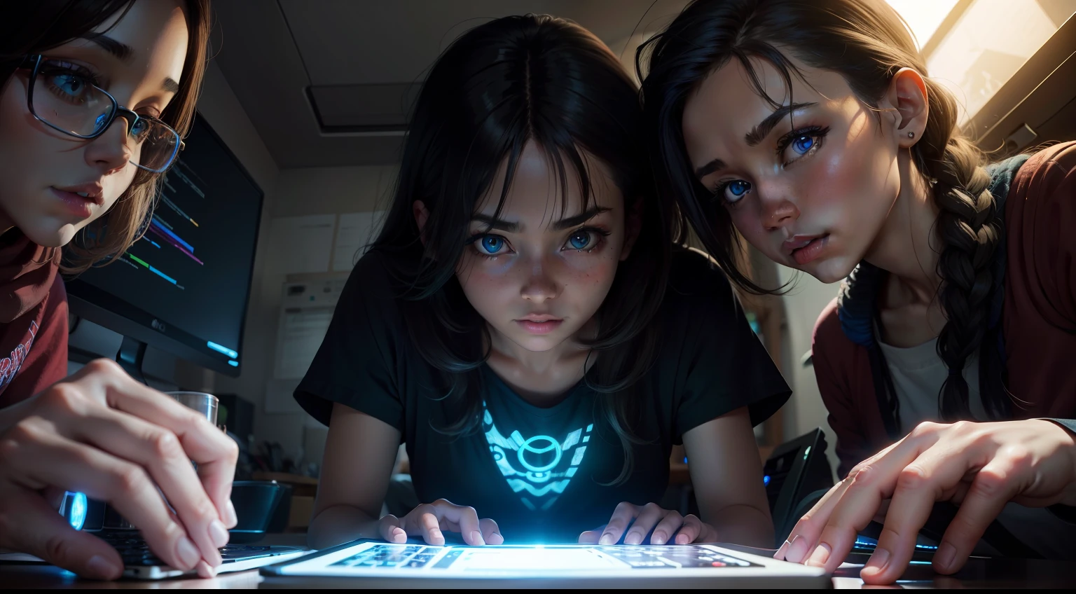 group of people,Playing with the computer,fluorescence,Eye-Level Shot