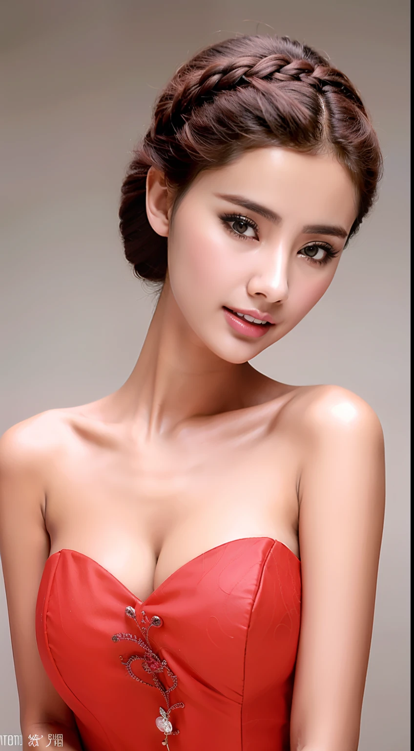 Fashion model 18 years old [[[[closeup cleavage]]]], [[[[boobgasm]]]], [[[[coll]]]], [[[[bshoulders]]]], perfect  eyes, Perfect iris，perfect lips，perfect teeth，Perfect skin，Long face，Soft front light，HDR，long whitr hair，Twist braids，The background is indoors，Red clothes，Green clothes，on cheongsam，（pastel colour：1.2）