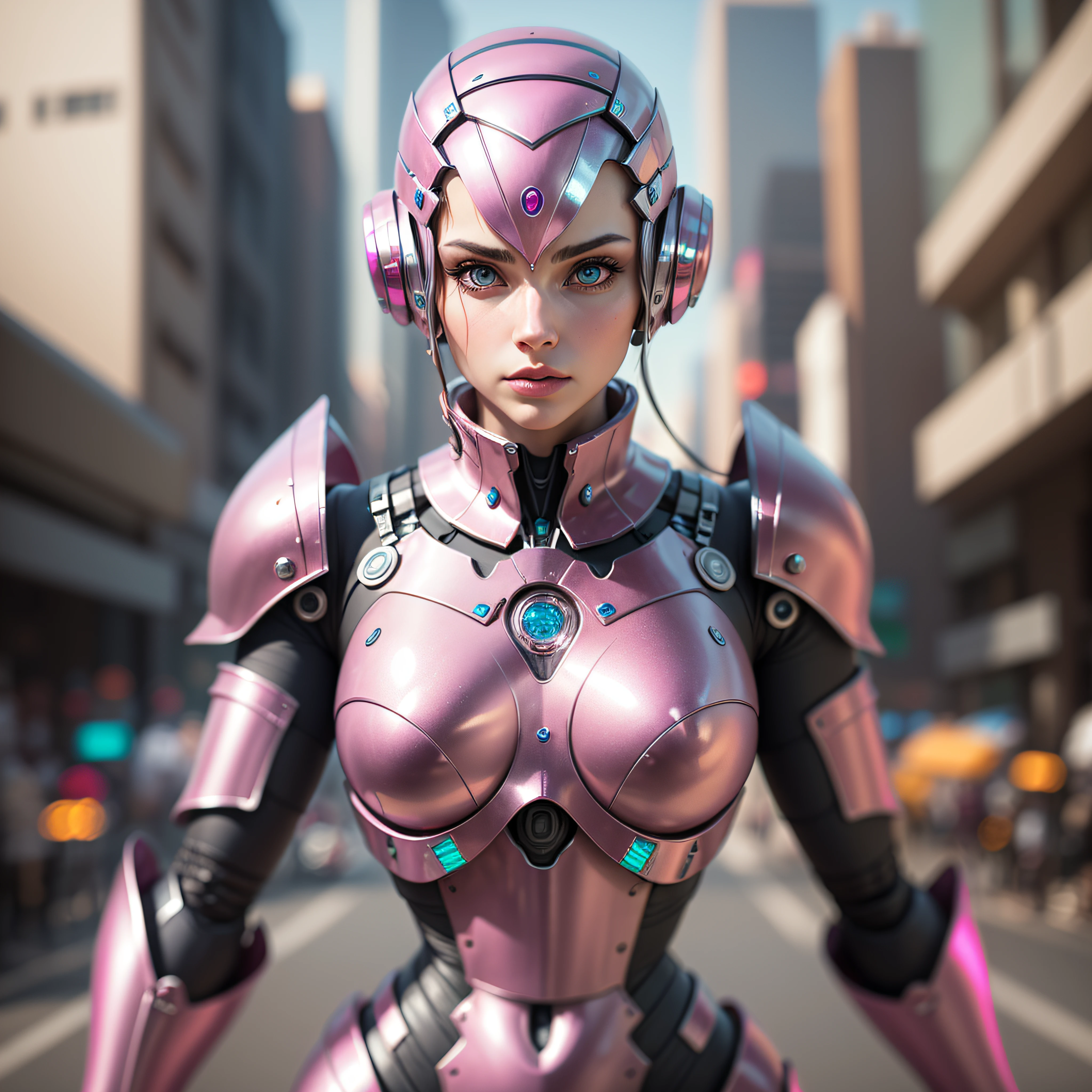 realistic photography, solo, full copor, depth, best quality, a pink chrome humanoid robot, with human parts, bright eyes, shiny ((Pink chrome armor)), slim body, cyberpunk style, pink chrome colors, realistic, 8k, HDR.