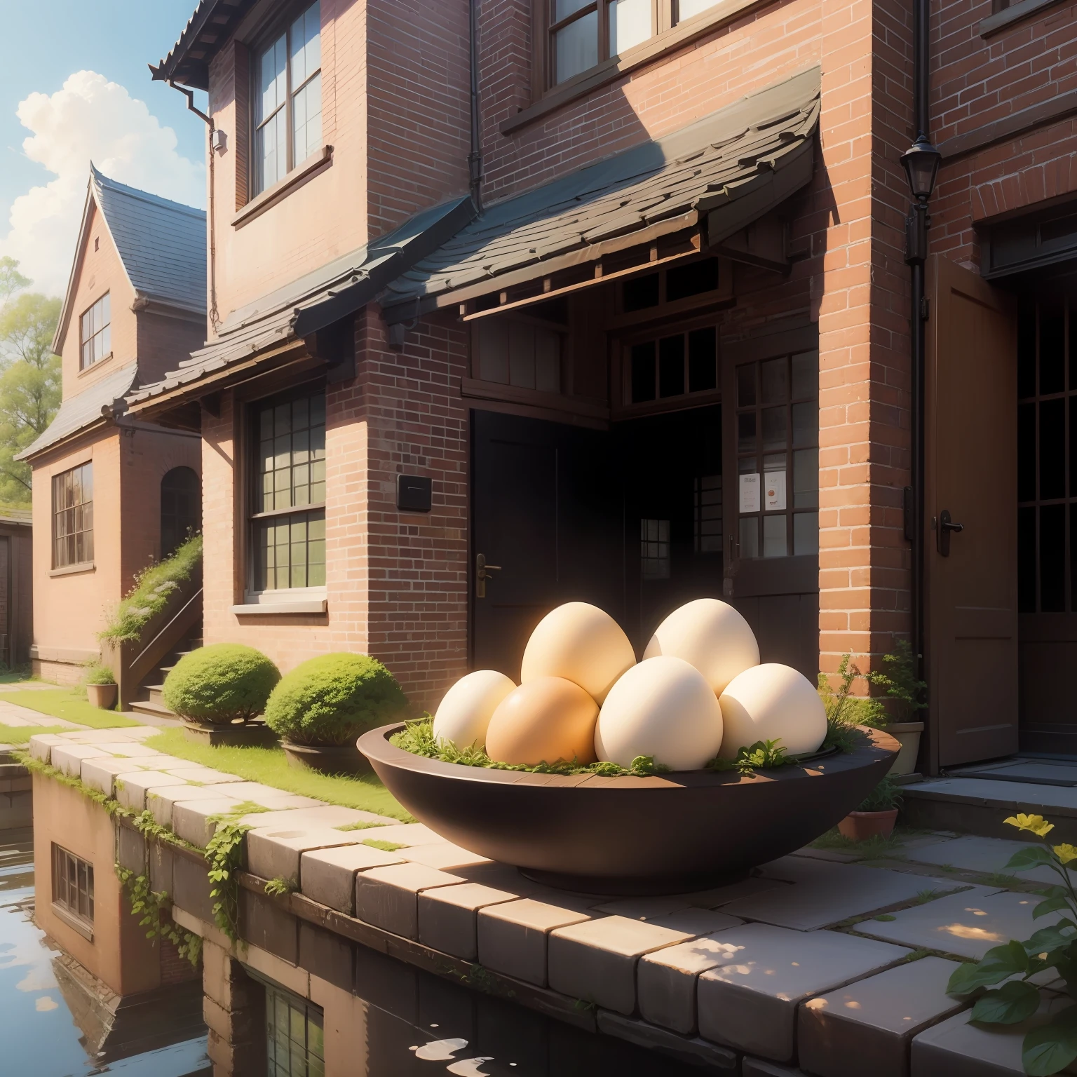 Fluffy egg omelet rice、Brick buildings、an oil painting