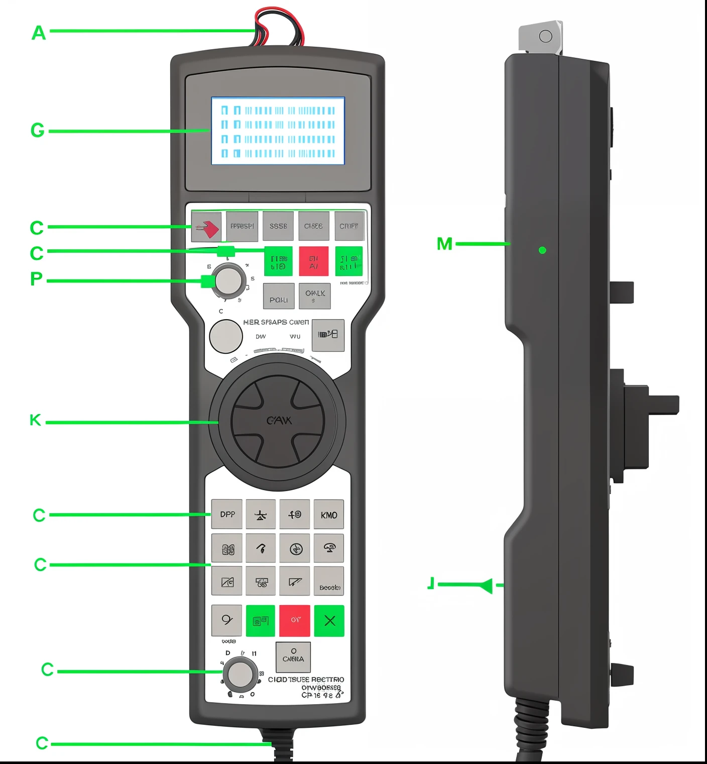 Close-up of the remote control with part description, control, Use C4, Detailed picture, Diagram, bottom - view, Head-up display, a diagram, Features, controller, output, keygen, detailled image, directives, hight detailed, technical diagram, manual, product-view, full - view, control panels, Detailed features