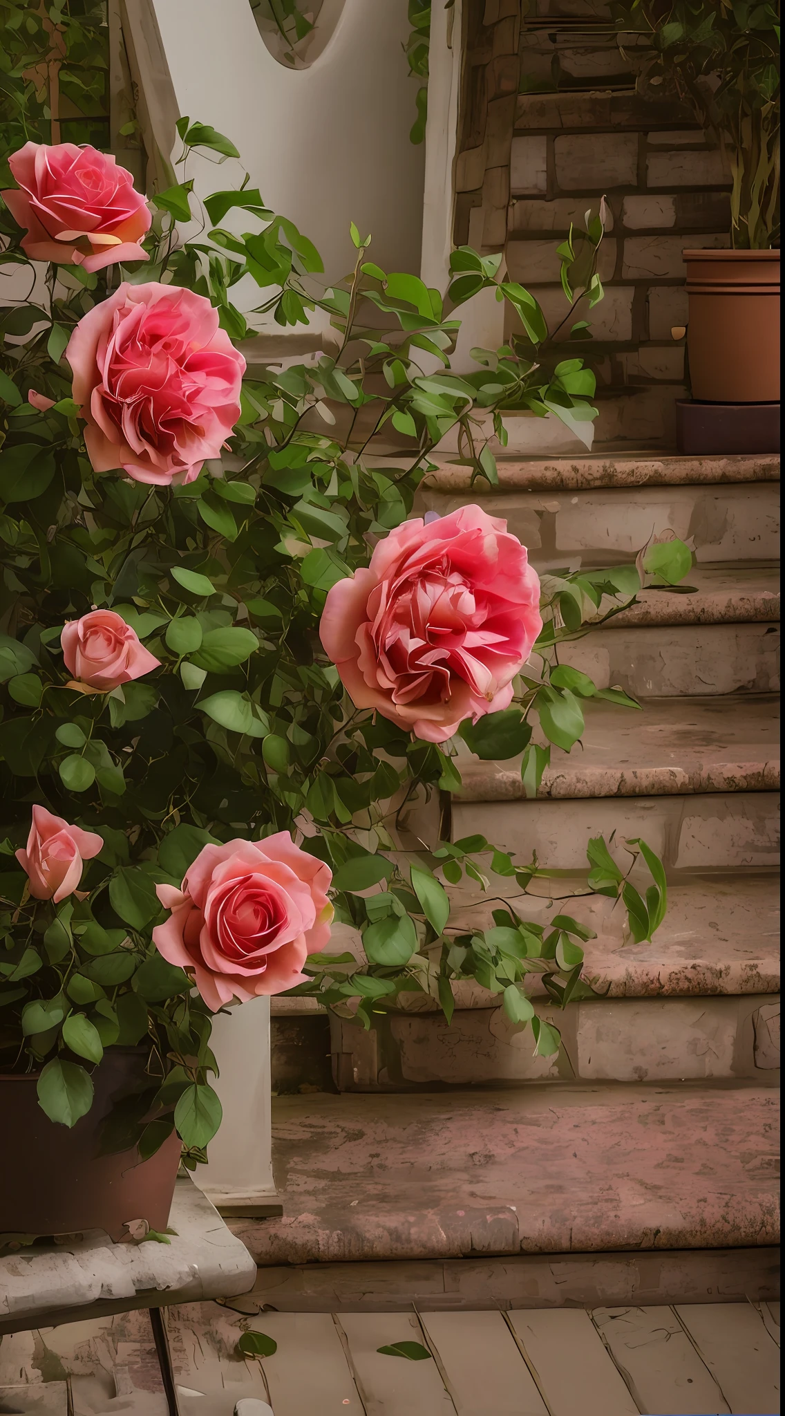 On the steps there is a potted plant of pink roses, rose twining, rose-brambles, roses in cinematic light, rosa bonheurn, rosette, Incredibly beautiful, growing out of a giant rose, a few roses, crown of peach roses, photo taken with canon 5d, with soft bushes, staggering in its beauty, Rozen Maiden