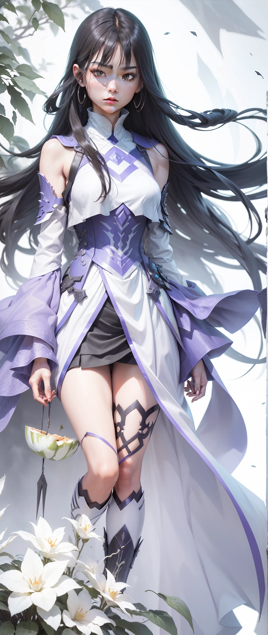 High cold style smoky background,Figures standing independently in the dark,Sharp eyes,Armor protector,Sharp weapons in hand,Grim expression,Solidified air soaked in a mysterious atmosphere。Melon seed face。