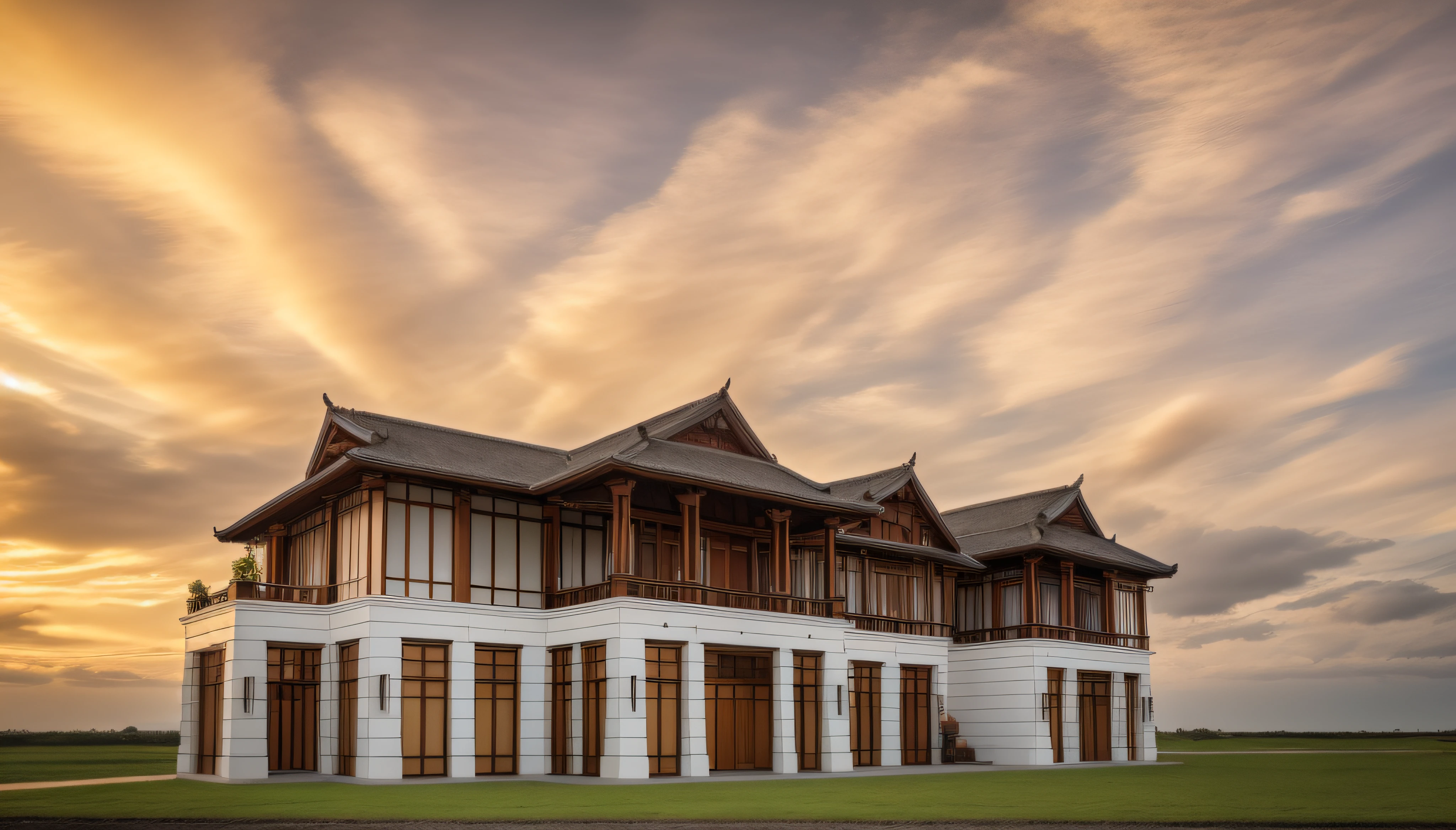 indochine style, RAW photo,Masterpiece, high quality, best quality, authentic, super detail, exterior, divided white wall , wooden ceiling, glass windows, railing glass, tropical garden, front lawn, car, sunset lighting, archdaily architecture, high detailed , 8k uhd, dslr, soft lighting, high quality, film grain, Fujifilm XT3, sky beauty, grass, palm tree, bali,