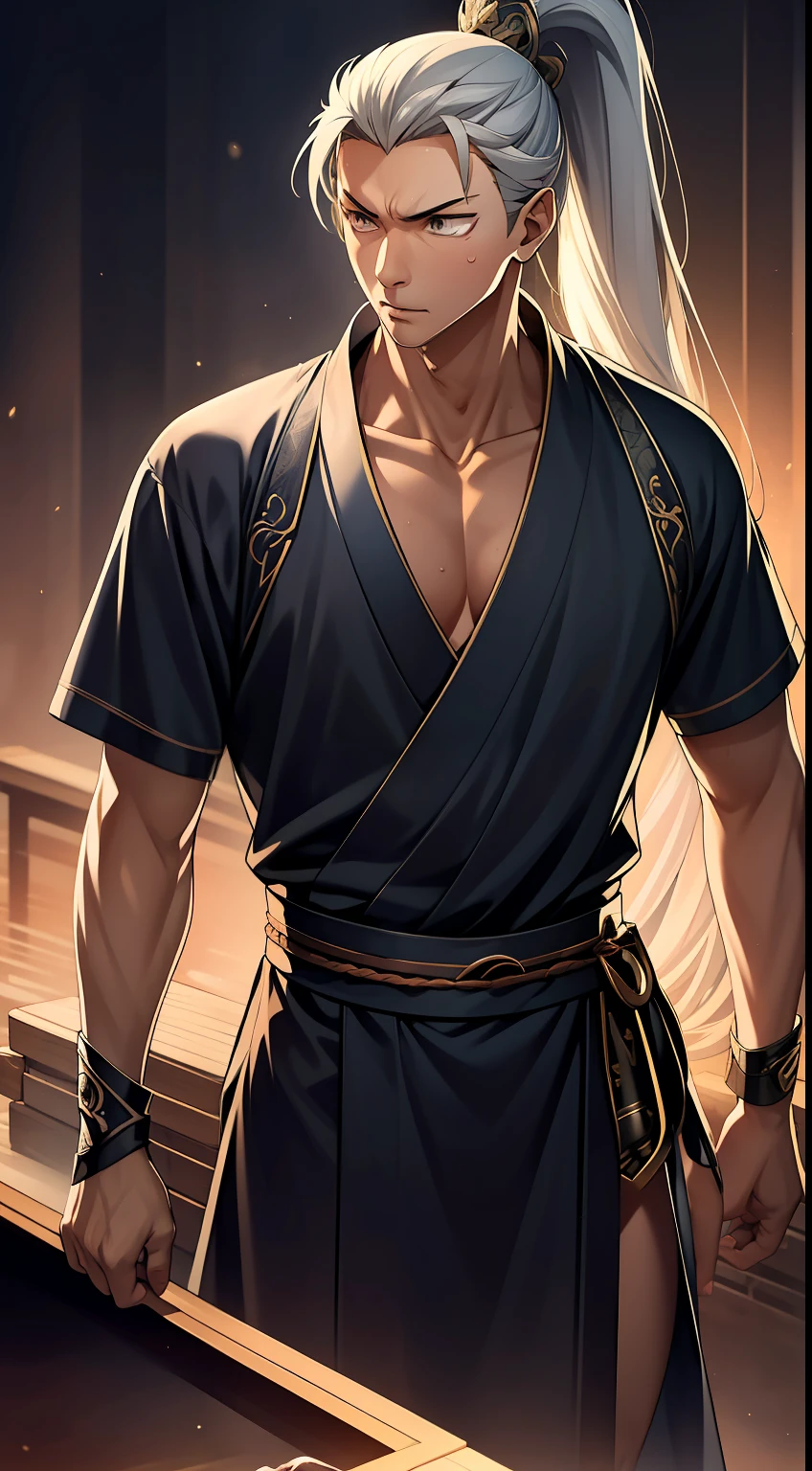 quadratic element,style of anime,mtu(Male Warrior),The proportions are correct,Face details,swordsmen,High ponytail hairstyle,Neck details,There is an Adam's apple,Black Hanfu,kaftan,Embroidered robes,Black robe,clothes details,Handing over,longer sleeves,Game quality,Swordsmanship,Light and shadow tracking,Ray traching,detailed glow,cg render,hair detail,long white hair,Black eyes,Handsome,Handsome,(juvenile sense),Clothing is complicated,Perfectcomposition,Refinement,high qulity,higher details,Lots of details,The background is complex,a sense of atmosphere,