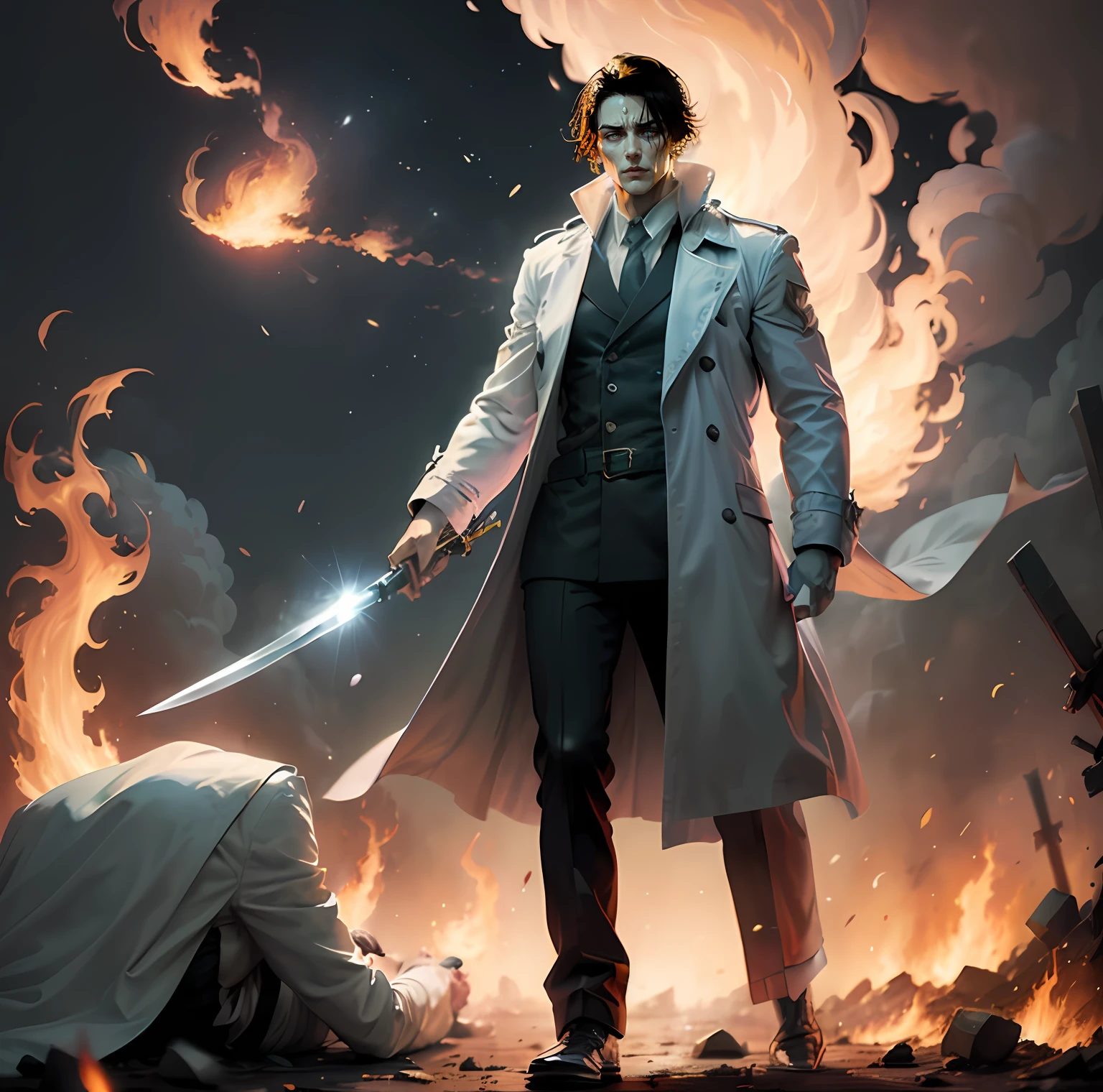 brunette man，Wear a white trench coat，Wear a white scarf on your head，Armed with a long knife，Flames swirled in the sky behind them，Murderous eyes，Condescending，The corpse under the foot is trampled underfoot