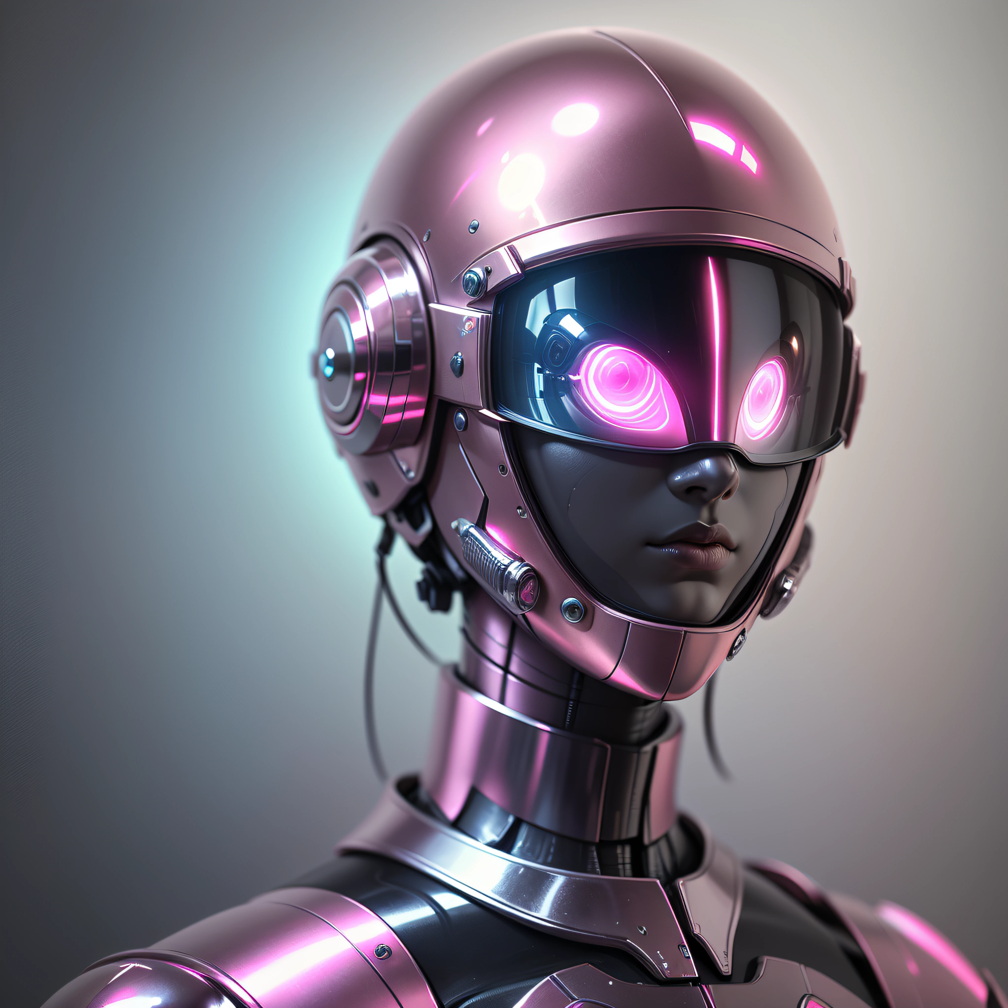 realistic photography, solo, full copor, depth, best quality, a pink chrome humanoid robot, with pink chrome tech helmet human parts, bright eyes, shiny ((Pink chrome tech armor and tech helmet)), slim body, cyberpunk style, pink chrome colors, realistic, 8k, HDR.