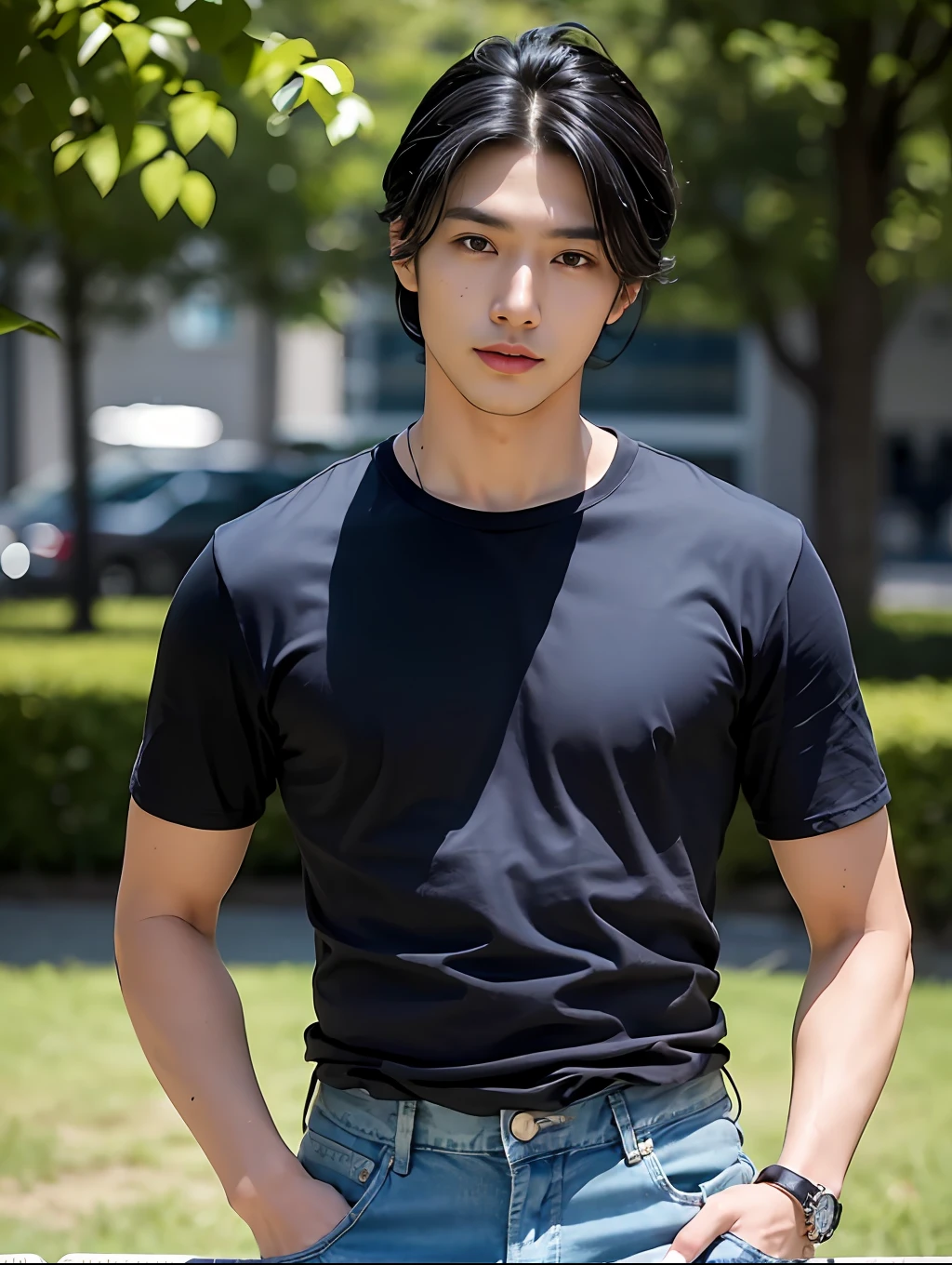 （（best qualtiy，8K，tmasterpiece：1.4））（mtu：1.8），30 age old，Black hair，（Hairstyle short：2），handsome， Asian people，（blue tshirts：1.2），denim pant，(Look sideways at the camera：1.4)，full body shot shot，Evening park