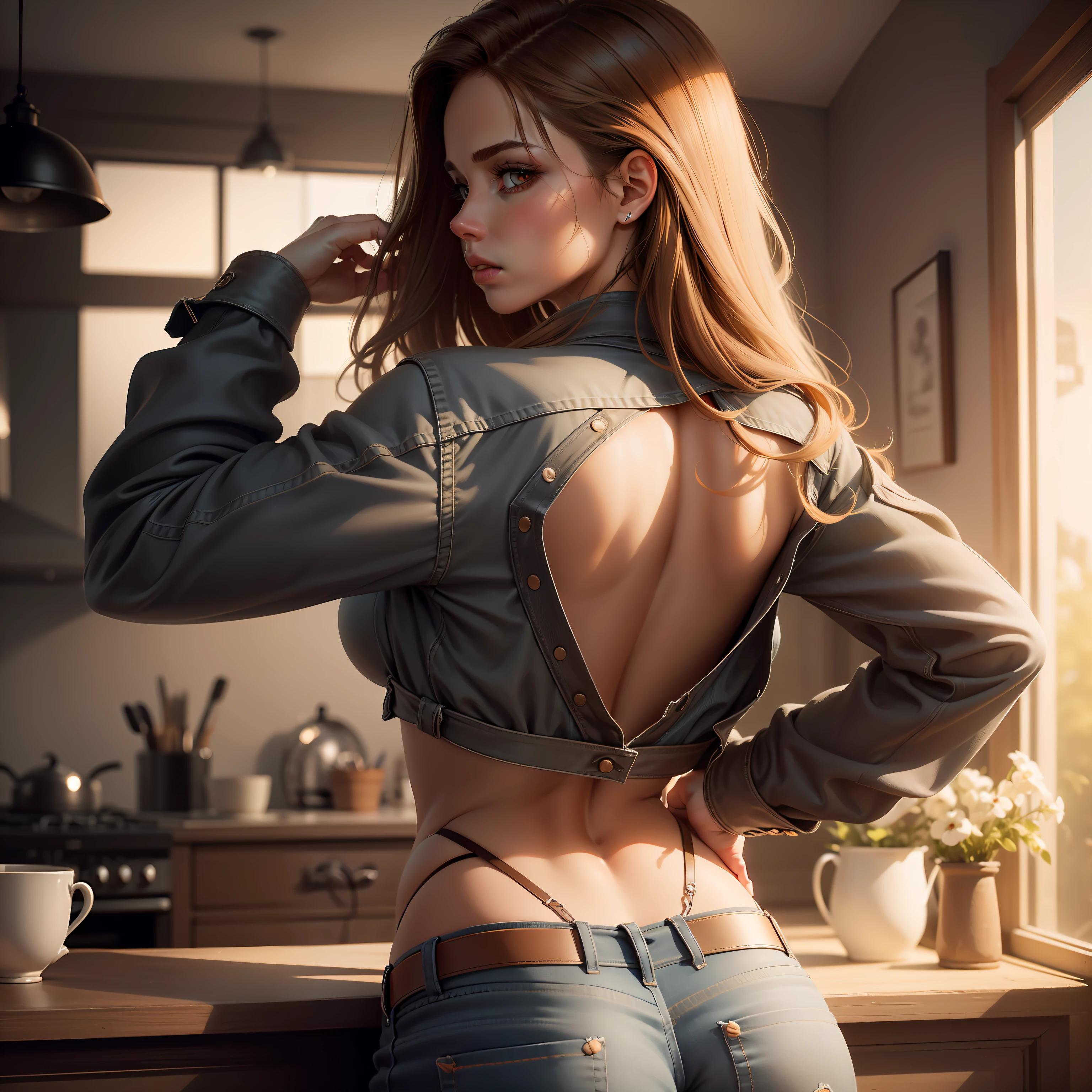 Create ultra realistic image with lots of details in high contrast of a sexy woman with light brown hair wearing jeans on her back