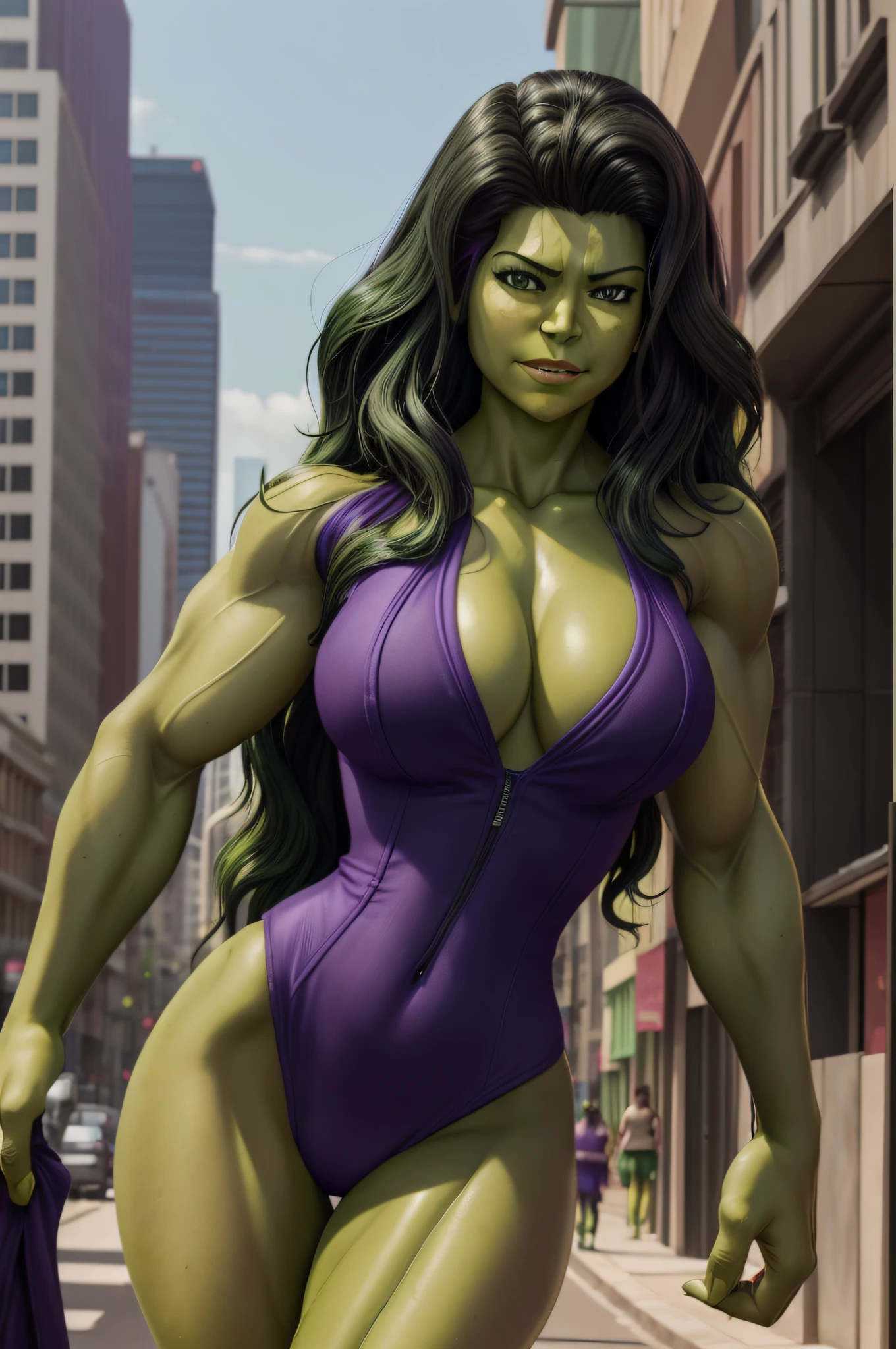 extremely detaild portrait of a sexy ((She-Hulk)), (standing on street), ((green skin)), wears ((sexy purple bodysuit)), (black wavy hair), fit body, sexy pose, sultry, sexy, hot, shapely, fine detail, hyper realistic, HD, 4K, definition, texture, perfect detail, perfect face, beautiful, hyperrealism, trending on artstation